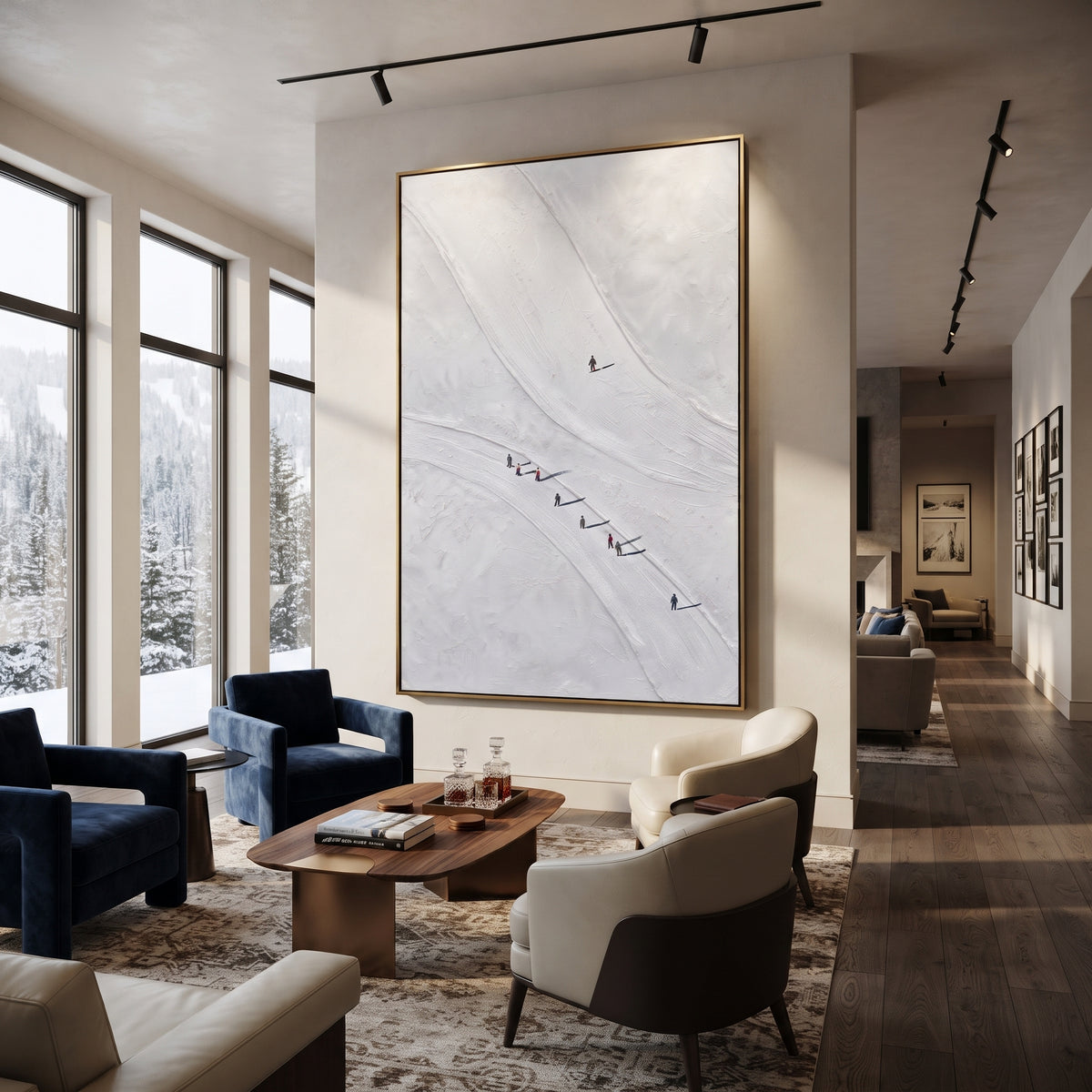 Carved Snow Trail With Pine Shadows focuses on soft gray snowfields broken by colorful skiers and thick ridge texture. The artwork shows a winter ski scene built from the actual image: visible downhill figures, curved snow tracks, raised ridgelines, and alpine space arranged in a tall composition. The white, black, gray palette gives the piece a cold mountain atmosphere while the thick impasto surface creates shadows along each snowbank, ski line, and textured ridge. This is presented as