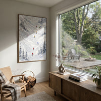 Silver Mountain Run With Pine Shadows focuses on a calm mountain basin with crisp tracks, snow shelves, and small skiers. The artwork shows a winter ski scene built from the actual image: visible downhill figures, curved snow tracks, raised ridgelines, and alpine space arranged in a tall composition. The white, black, gray palette gives the piece a cold mountain atmosphere while the thick impasto surface creates shadows along each snowbank, ski line, and textured ridge. This is presented as