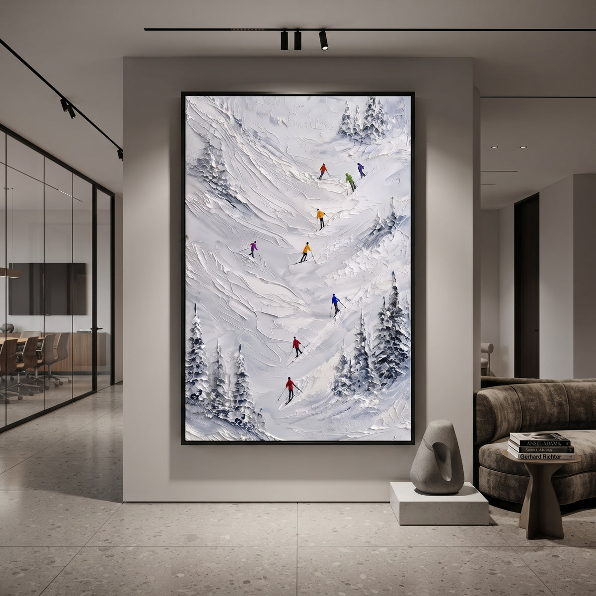 Silver Mountain Run With Pine Shadows focuses on a calm mountain basin with crisp tracks, snow shelves, and small skiers. The artwork shows a winter ski scene built from the actual image: visible downhill figures, curved snow tracks, raised ridgelines, and alpine space arranged in a tall composition. The white, black, gray palette gives the piece a cold mountain atmosphere while the thick impasto surface creates shadows along each snowbank, ski line, and textured ridge. This is presented as