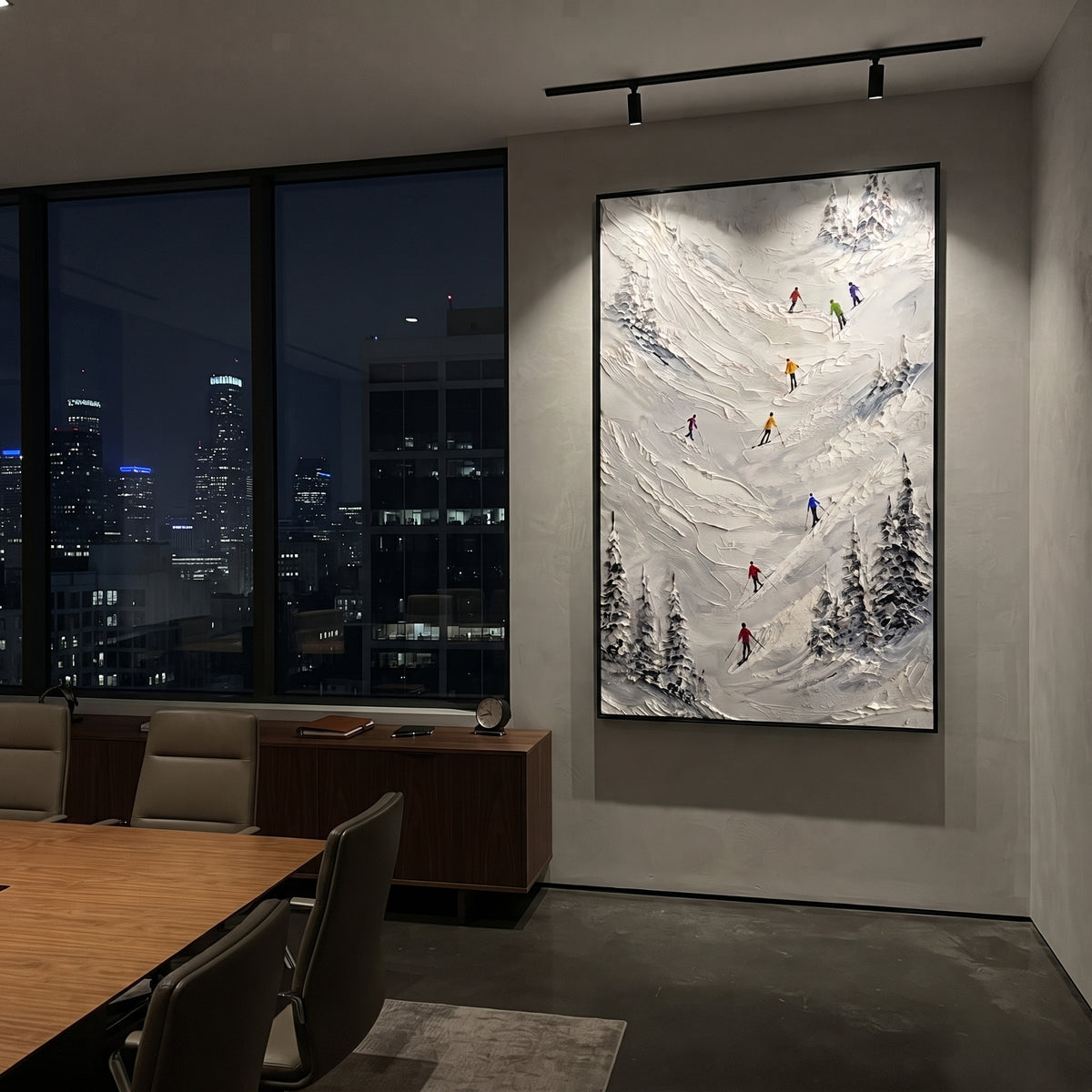 Silver Mountain Run With Pine Shadows focuses on a calm mountain basin with crisp tracks, snow shelves, and small skiers. The artwork shows a winter ski scene built from the actual image: visible downhill figures, curved snow tracks, raised ridgelines, and alpine space arranged in a tall composition. The white, black, gray palette gives the piece a cold mountain atmosphere while the thick impasto surface creates shadows along each snowbank, ski line, and textured ridge. This is presented as