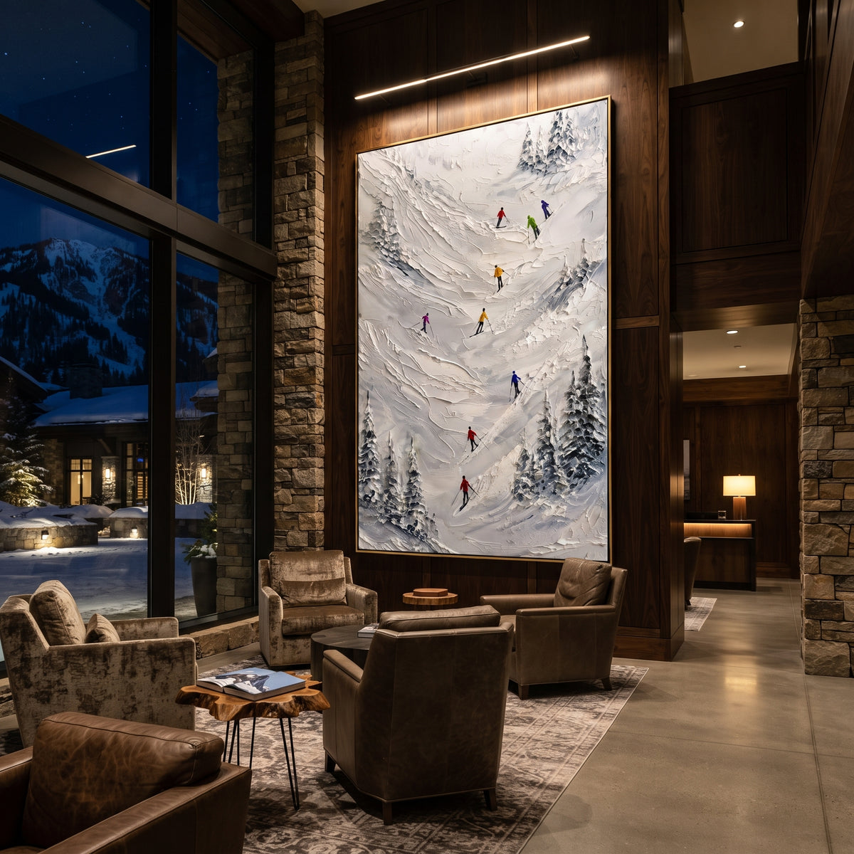 Silver Mountain Run With Pine Shadows focuses on a calm mountain basin with crisp tracks, snow shelves, and small skiers. The artwork shows a winter ski scene built from the actual image: visible downhill figures, curved snow tracks, raised ridgelines, and alpine space arranged in a tall composition. The white, black, gray palette gives the piece a cold mountain atmosphere while the thick impasto surface creates shadows along each snowbank, ski line, and textured ridge. This is presented as