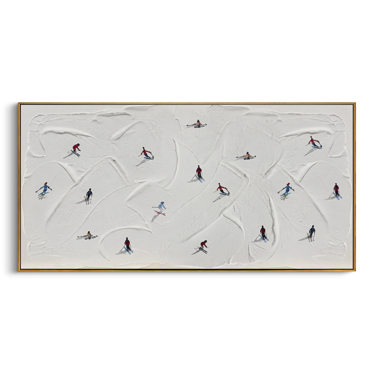 North Ski Traverse With Pine Shadows focuses on small downhill figures moving over carved impasto snow channels and soft blue shadows. The artwork shows a winter ski scene built from the actual image: visible downhill figures, curved snow tracks, raised ridgelines, and alpine space arranged in a wide composition. The blue, white, orange palette gives the piece a cold mountain atmosphere while the thick impasto surface creates shadows along each snowbank, ski line, and textured ridge. This is