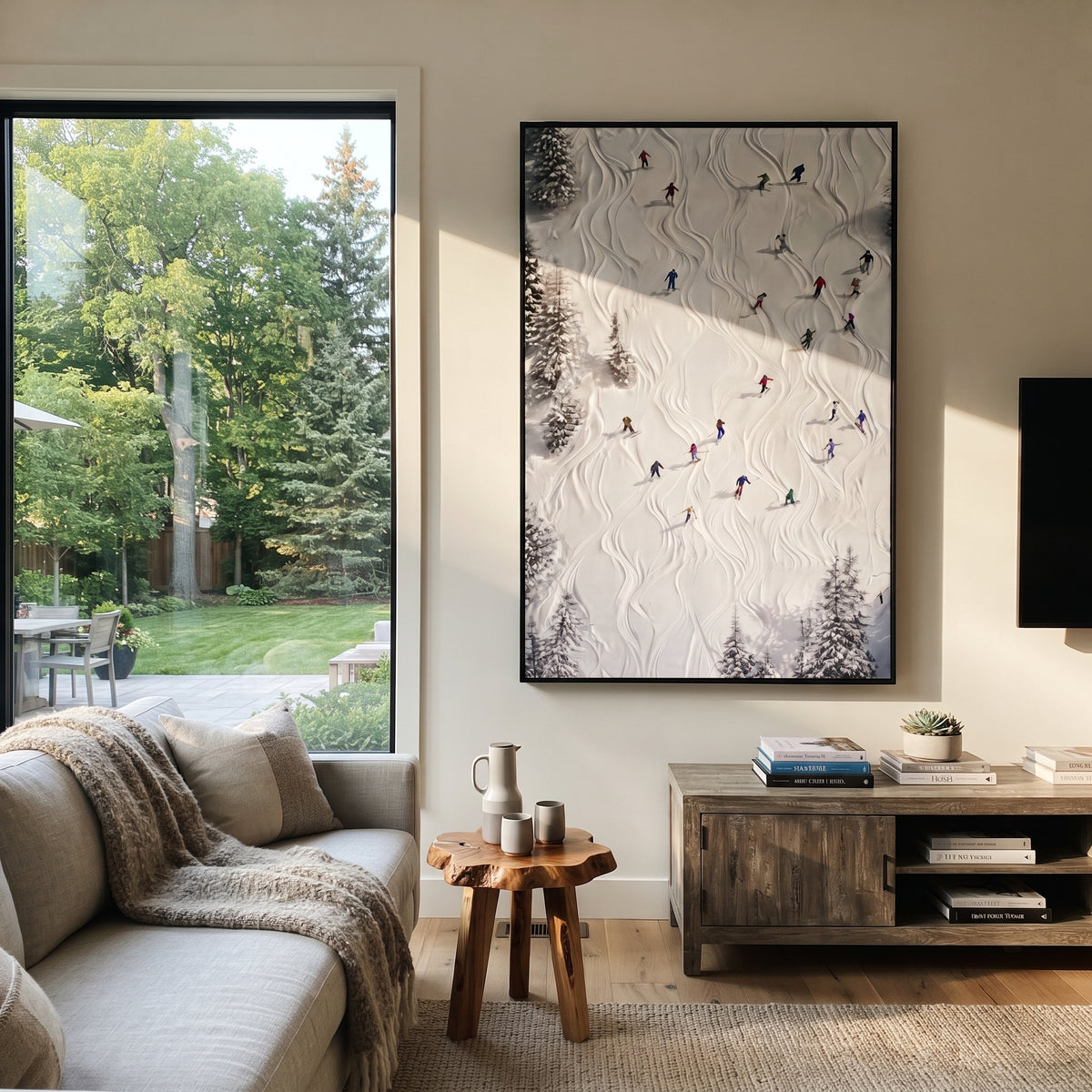Cold Ski Run focuses on layered snow ridges, visible ski marks, and a quiet pine border. The artwork shows a winter ski scene built from the actual image: visible downhill figures, curved snow tracks, raised ridgelines, and alpine space arranged in a tall composition. The blue, white, orange palette gives the piece a cold mountain atmosphere while the thick impasto surface creates shadows along each snowbank, ski line, and textured ridge. This is presented as hand-painted textured canvas rather