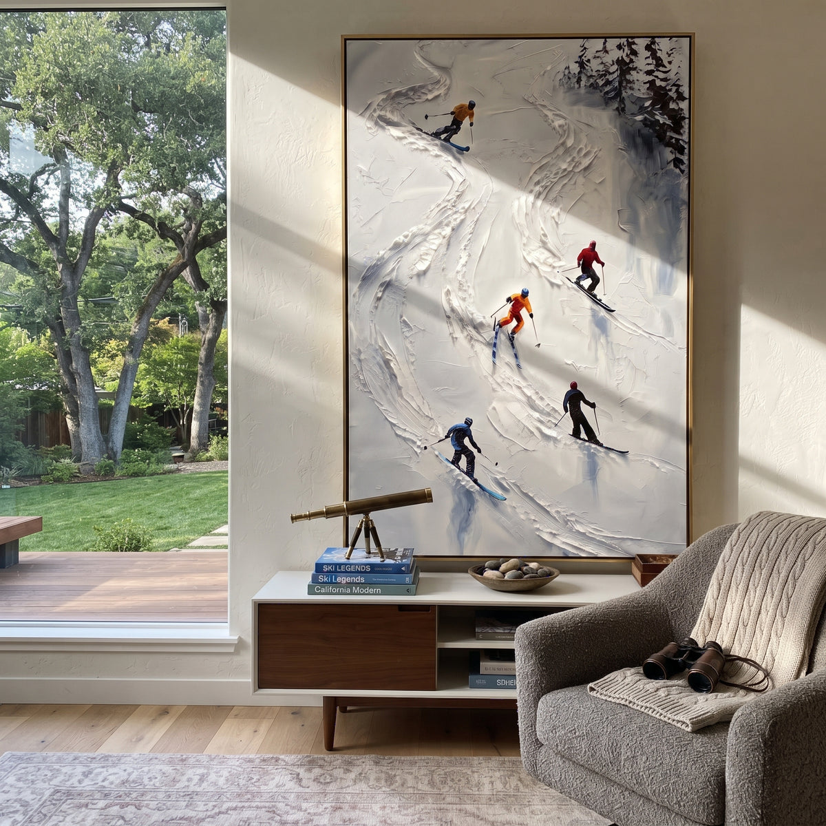 Crystal Powder Path focuses on a forest-framed ski descent with clustered pines and winding carved tracks. The artwork shows a winter ski scene built from the actual image: visible downhill figures, curved snow tracks, raised ridgelines, and alpine space arranged in a tall composition. The white, blue, gray palette gives the piece a cold mountain atmosphere while the thick impasto surface creates shadows along each snowbank, ski line, and textured ridge. This is presented as hand-painted