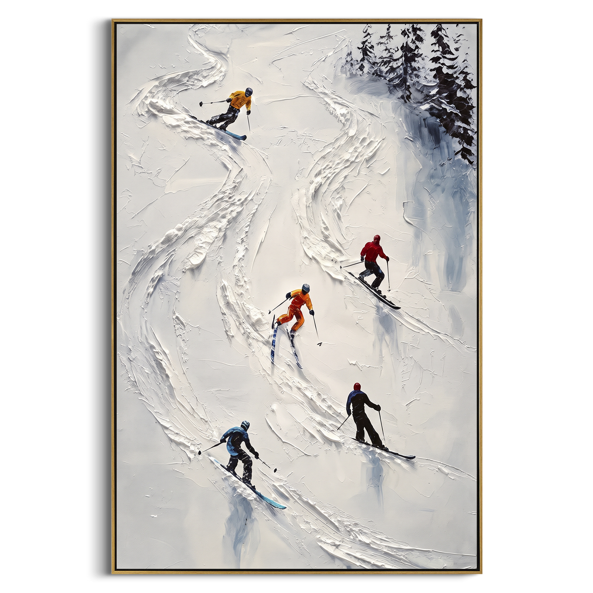 Crystal Powder Path focuses on a forest-framed ski descent with clustered pines and winding carved tracks. The artwork shows a winter ski scene built from the actual image: visible downhill figures, curved snow tracks, raised ridgelines, and alpine space arranged in a tall composition. The white, blue, gray palette gives the piece a cold mountain atmosphere while the thick impasto surface creates shadows along each snowbank, ski line, and textured ridge. This is presented as hand-painted