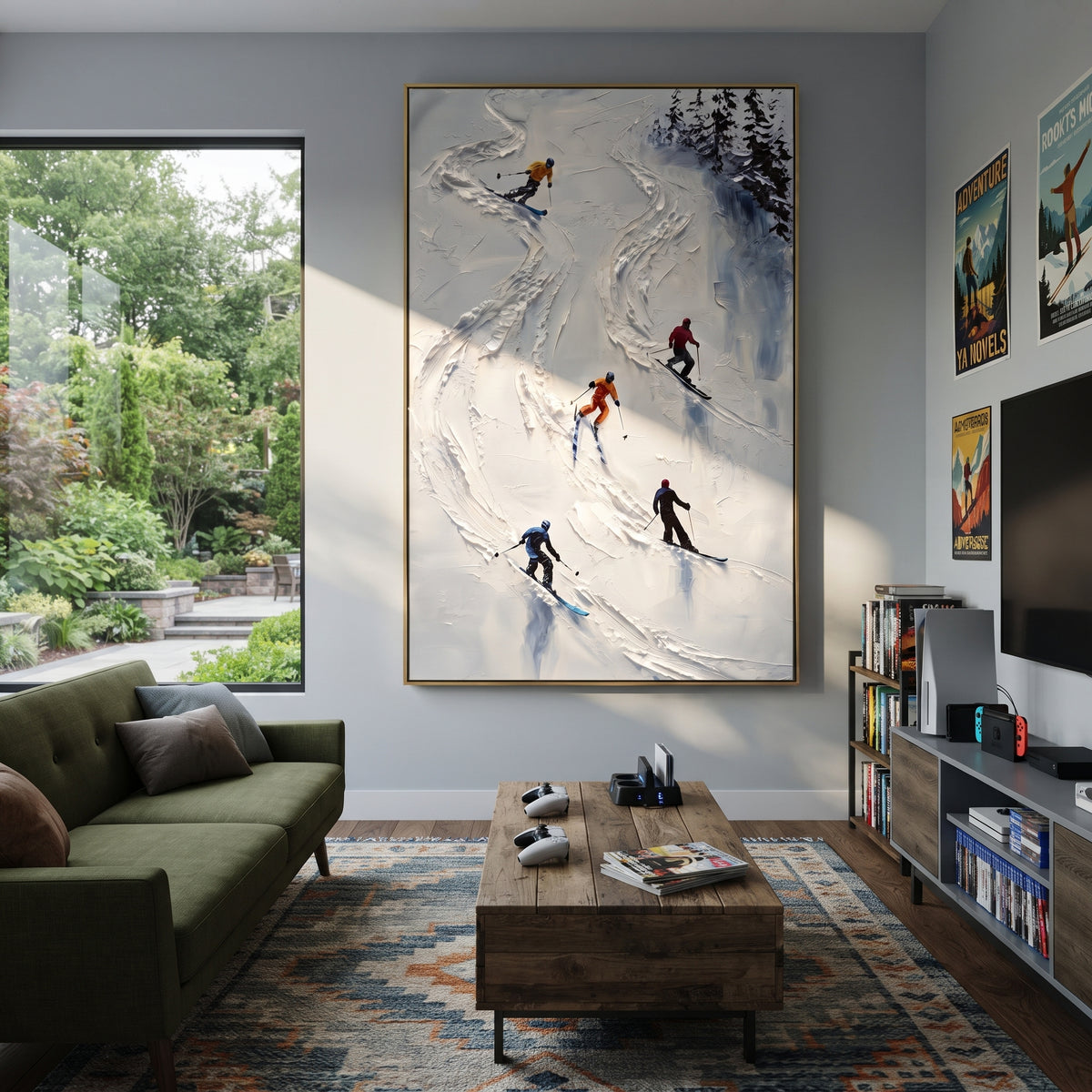 Crystal Powder Path focuses on a forest-framed ski descent with clustered pines and winding carved tracks. The artwork shows a winter ski scene built from the actual image: visible downhill figures, curved snow tracks, raised ridgelines, and alpine space arranged in a tall composition. The white, blue, gray palette gives the piece a cold mountain atmosphere while the thick impasto surface creates shadows along each snowbank, ski line, and textured ridge. This is presented as hand-painted