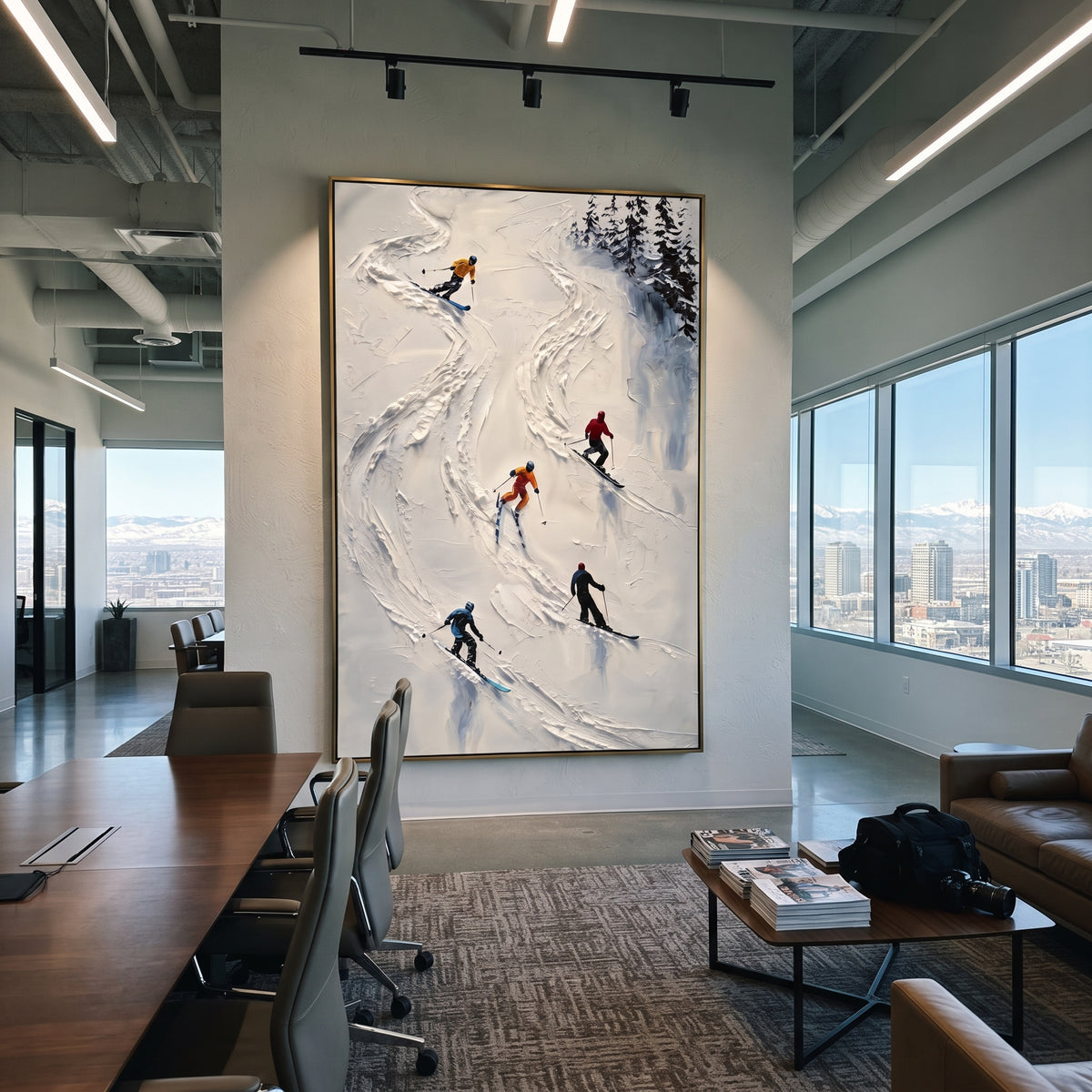 Crystal Powder Path focuses on a forest-framed ski descent with clustered pines and winding carved tracks. The artwork shows a winter ski scene built from the actual image: visible downhill figures, curved snow tracks, raised ridgelines, and alpine space arranged in a tall composition. The white, blue, gray palette gives the piece a cold mountain atmosphere while the thick impasto surface creates shadows along each snowbank, ski line, and textured ridge. This is presented as hand-painted