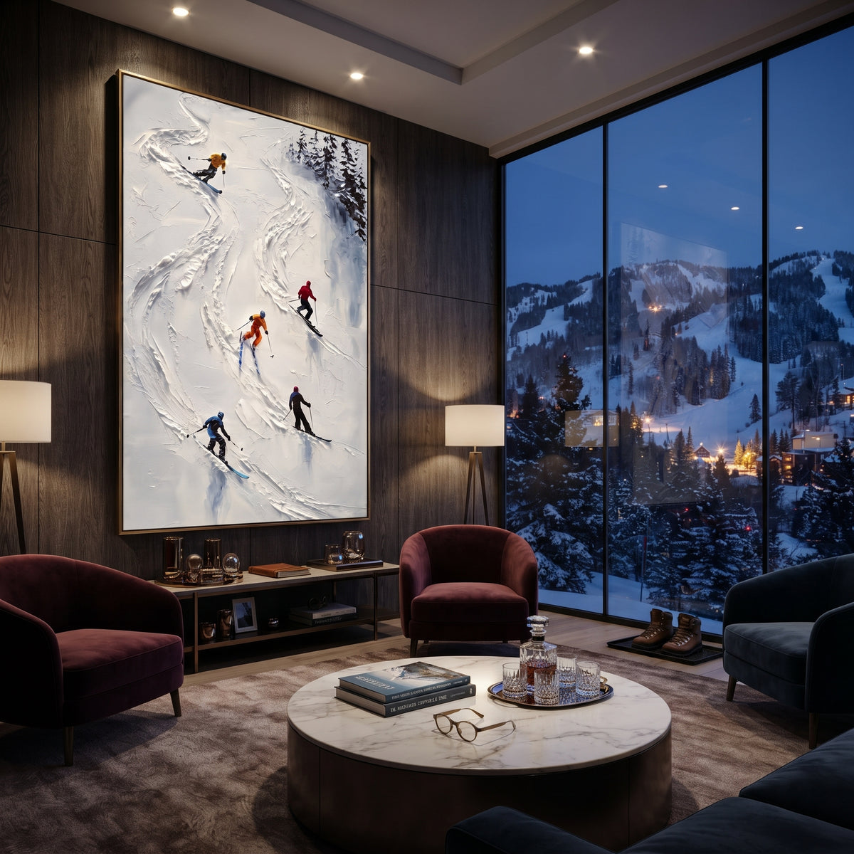Crystal Powder Path focuses on a forest-framed ski descent with clustered pines and winding carved tracks. The artwork shows a winter ski scene built from the actual image: visible downhill figures, curved snow tracks, raised ridgelines, and alpine space arranged in a tall composition. The white, blue, gray palette gives the piece a cold mountain atmosphere while the thick impasto surface creates shadows along each snowbank, ski line, and textured ridge. This is presented as hand-painted