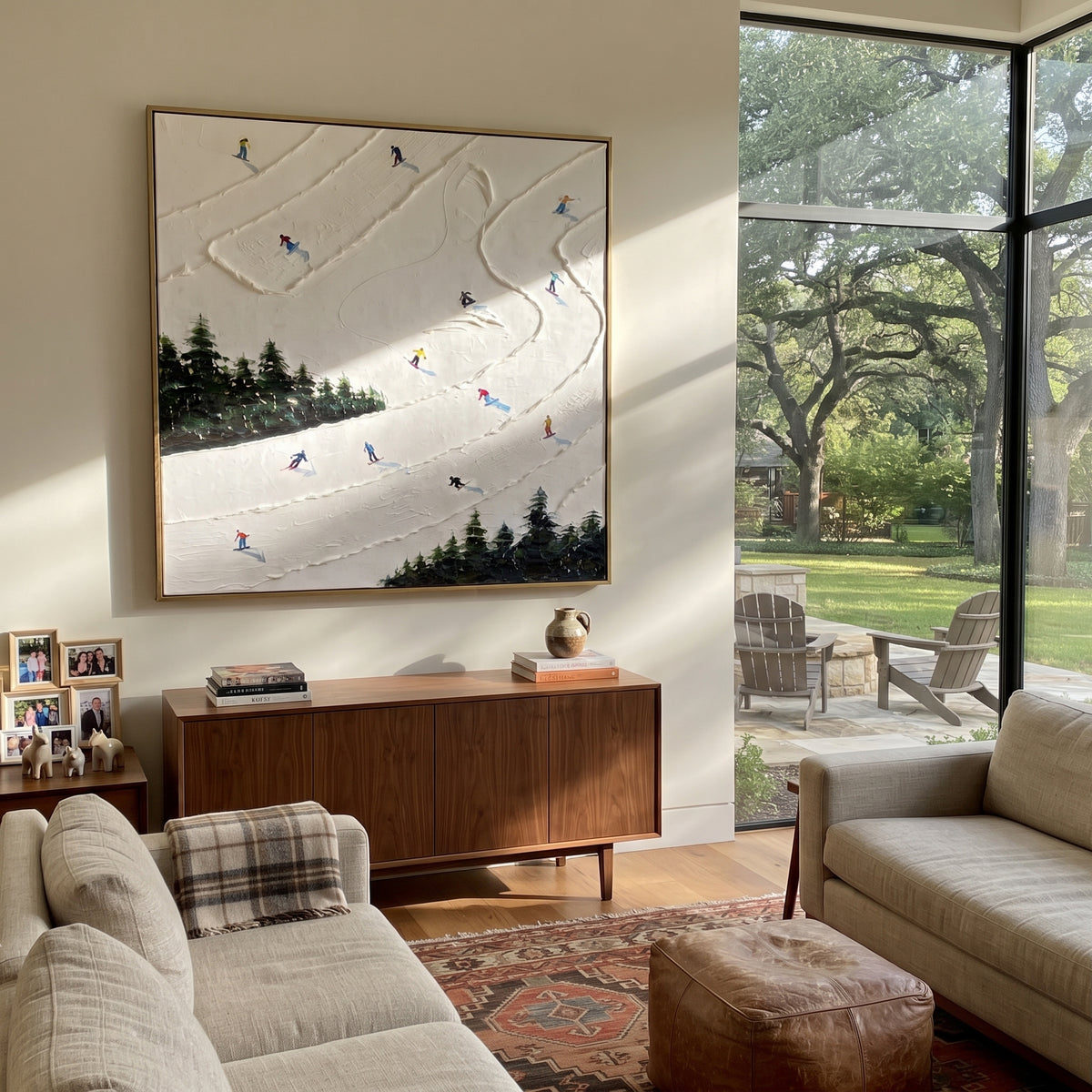 Birch Ski Valley focuses on a calm mountain basin with crisp tracks, snow shelves, and small skiers. The artwork shows a winter ski scene built from the actual image: visible downhill figures, curved snow tracks, raised ridgelines, and alpine space arranged in a balanced composition. The white, gray, blue palette gives the piece a cold mountain atmosphere while the thick impasto surface creates shadows along each snowbank, ski line, and textured ridge. This is presented as hand-painted textured