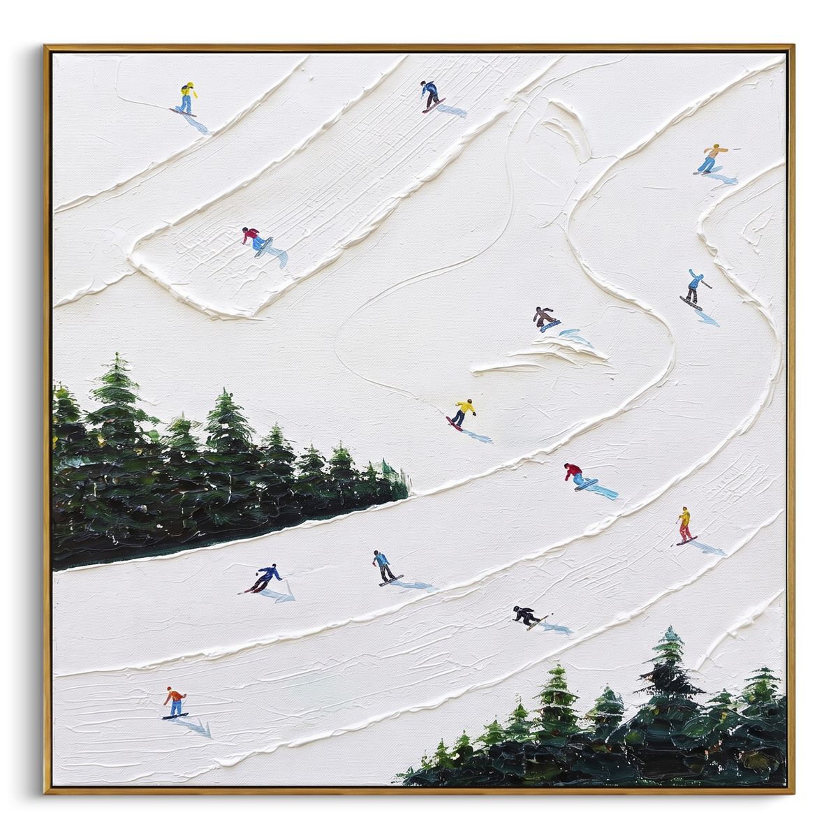Birch Ski Valley focuses on a calm mountain basin with crisp tracks, snow shelves, and small skiers. The artwork shows a winter ski scene built from the actual image: visible downhill figures, curved snow tracks, raised ridgelines, and alpine space arranged in a balanced composition. The white, gray, blue palette gives the piece a cold mountain atmosphere while the thick impasto surface creates shadows along each snowbank, ski line, and textured ridge. This is presented as hand-painted textured