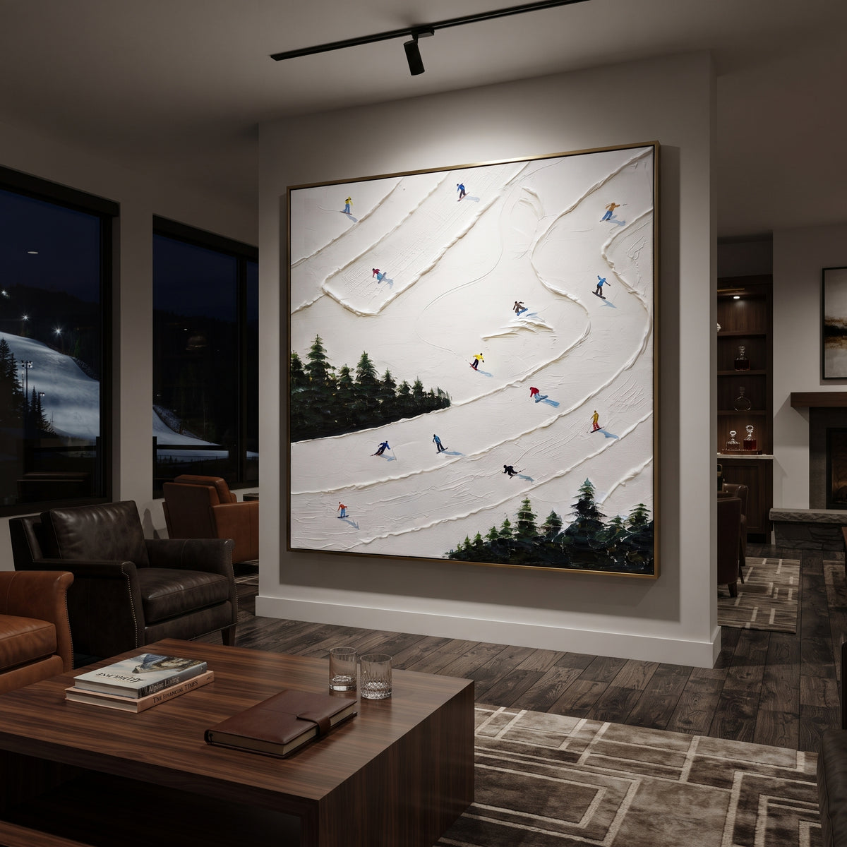 Birch Ski Valley focuses on a calm mountain basin with crisp tracks, snow shelves, and small skiers. The artwork shows a winter ski scene built from the actual image: visible downhill figures, curved snow tracks, raised ridgelines, and alpine space arranged in a balanced composition. The white, gray, blue palette gives the piece a cold mountain atmosphere while the thick impasto surface creates shadows along each snowbank, ski line, and textured ridge. This is presented as hand-painted textured