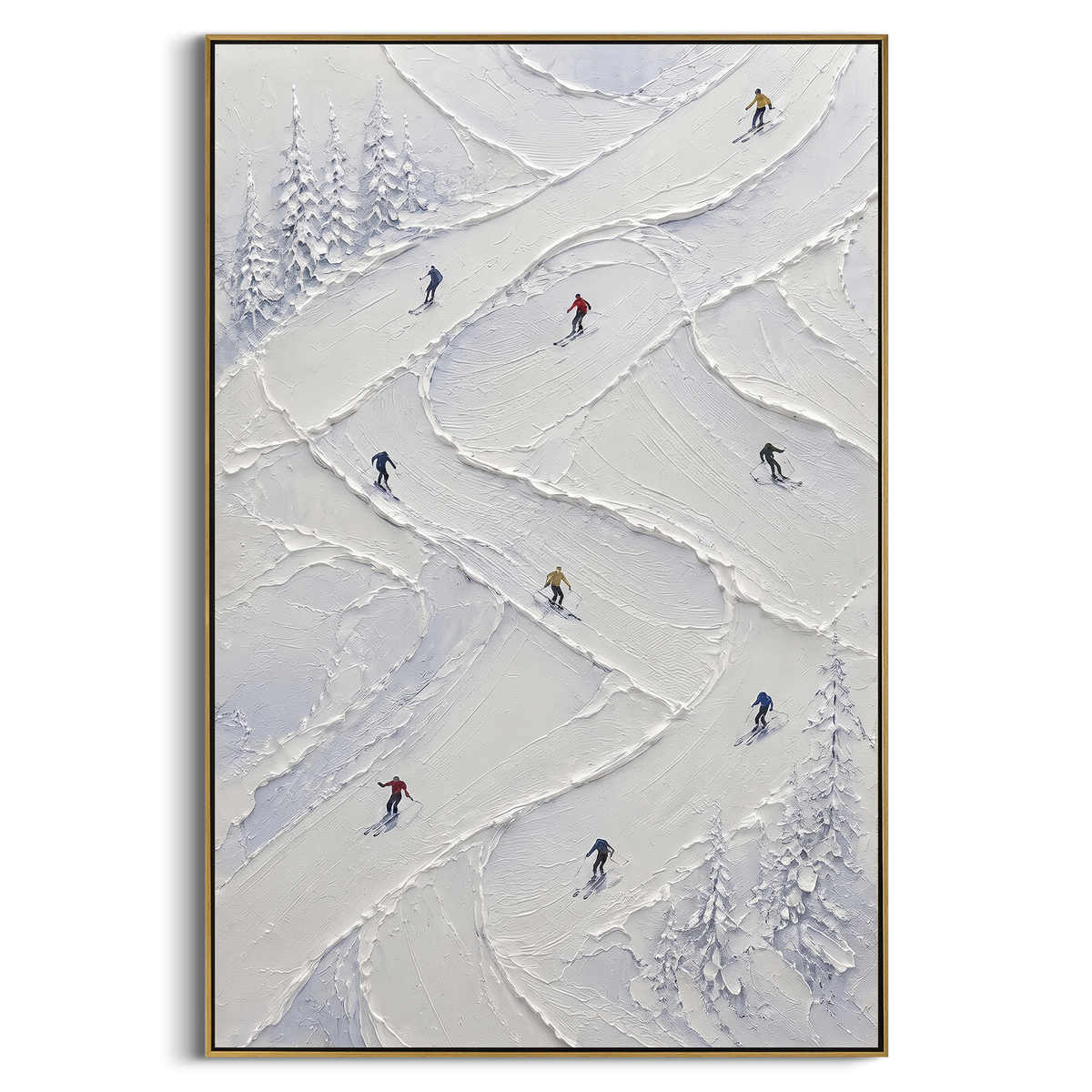 Valley Skiers focuses on colored skiers crossing raised white snow tracks between dark pine edges. The artwork shows a winter ski scene built from the actual image: visible downhill figures, curved snow tracks, raised ridgelines, and alpine space arranged in a tall composition. The white, green, blue palette gives the piece a cold mountain atmosphere while the thick impasto surface creates shadows along each snowbank, ski line, and textured ridge. This is presented as hand-painted textured