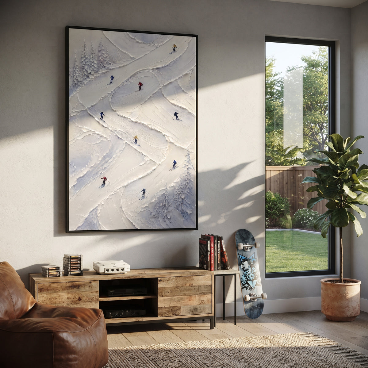 Valley Skiers focuses on colored skiers crossing raised white snow tracks between dark pine edges. The artwork shows a winter ski scene built from the actual image: visible downhill figures, curved snow tracks, raised ridgelines, and alpine space arranged in a tall composition. The white, green, blue palette gives the piece a cold mountain atmosphere while the thick impasto surface creates shadows along each snowbank, ski line, and textured ridge. This is presented as hand-painted textured