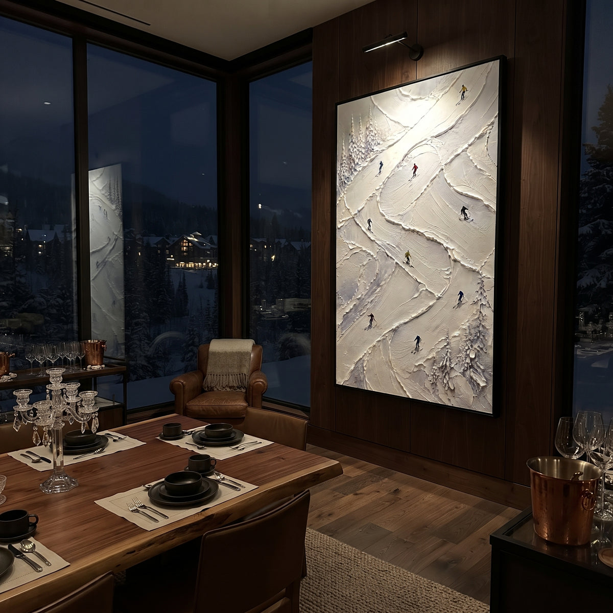 Valley Skiers focuses on colored skiers crossing raised white snow tracks between dark pine edges. The artwork shows a winter ski scene built from the actual image: visible downhill figures, curved snow tracks, raised ridgelines, and alpine space arranged in a tall composition. The white, green, blue palette gives the piece a cold mountain atmosphere while the thick impasto surface creates shadows along each snowbank, ski line, and textured ridge. This is presented as hand-painted textured