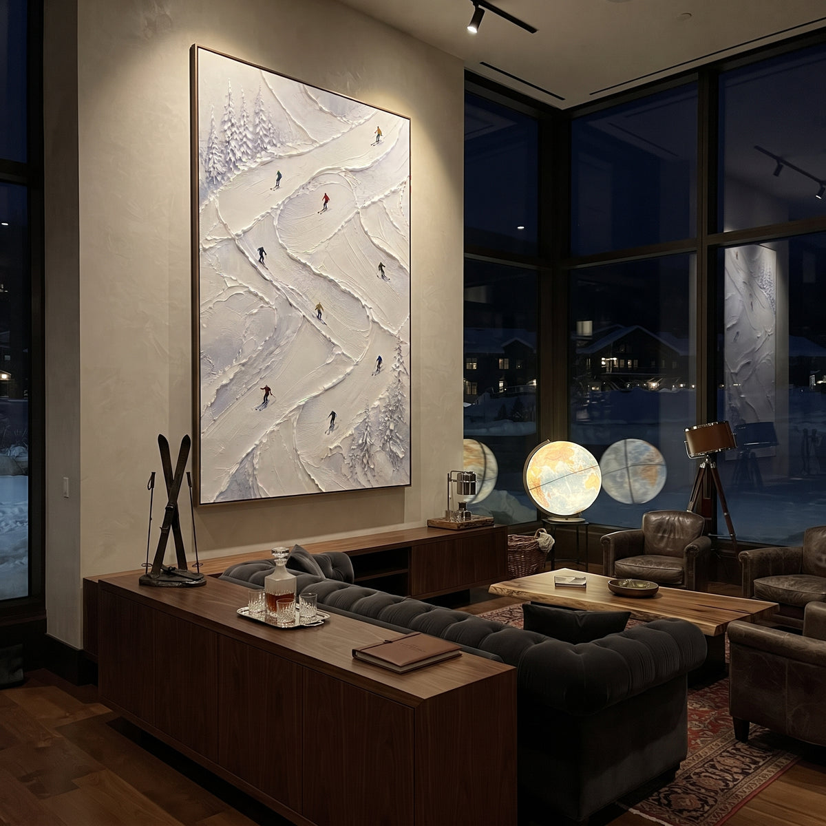 Valley Skiers focuses on colored skiers crossing raised white snow tracks between dark pine edges. The artwork shows a winter ski scene built from the actual image: visible downhill figures, curved snow tracks, raised ridgelines, and alpine space arranged in a tall composition. The white, green, blue palette gives the piece a cold mountain atmosphere while the thick impasto surface creates shadows along each snowbank, ski line, and textured ridge. This is presented as hand-painted textured