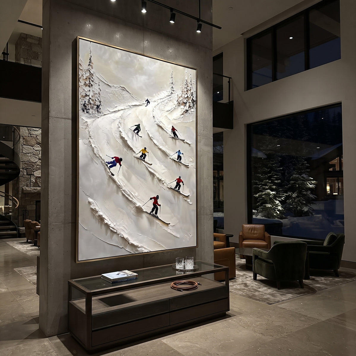 Highland Pine Slope focuses on layered snow ridges, visible ski marks, and a quiet pine border. The artwork shows a winter ski scene built from the actual image: visible downhill figures, curved snow tracks, raised ridgelines, and alpine space arranged in a tall composition. The white, black, gray palette gives the piece a cold mountain atmosphere while the thick impasto surface creates shadows along each snowbank, ski line, and textured ridge. This is presented as hand-painted textured canvas