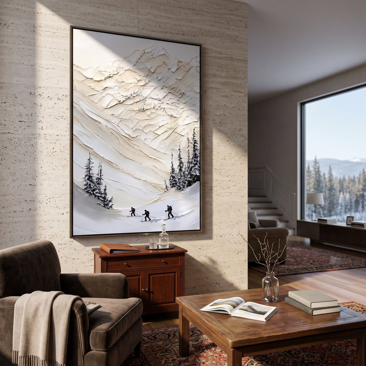 Crisp Texture Run focuses on a calm mountain basin with crisp tracks, snow shelves, and small skiers. The artwork shows a winter ski scene built from the actual image: visible downhill figures, curved snow tracks, raised ridgelines, and alpine space arranged in a tall composition. The blue, white, orange palette gives the piece a cold mountain atmosphere while the thick impasto surface creates shadows along each snowbank, ski line, and textured ridge. This is presented as hand-painted textured
