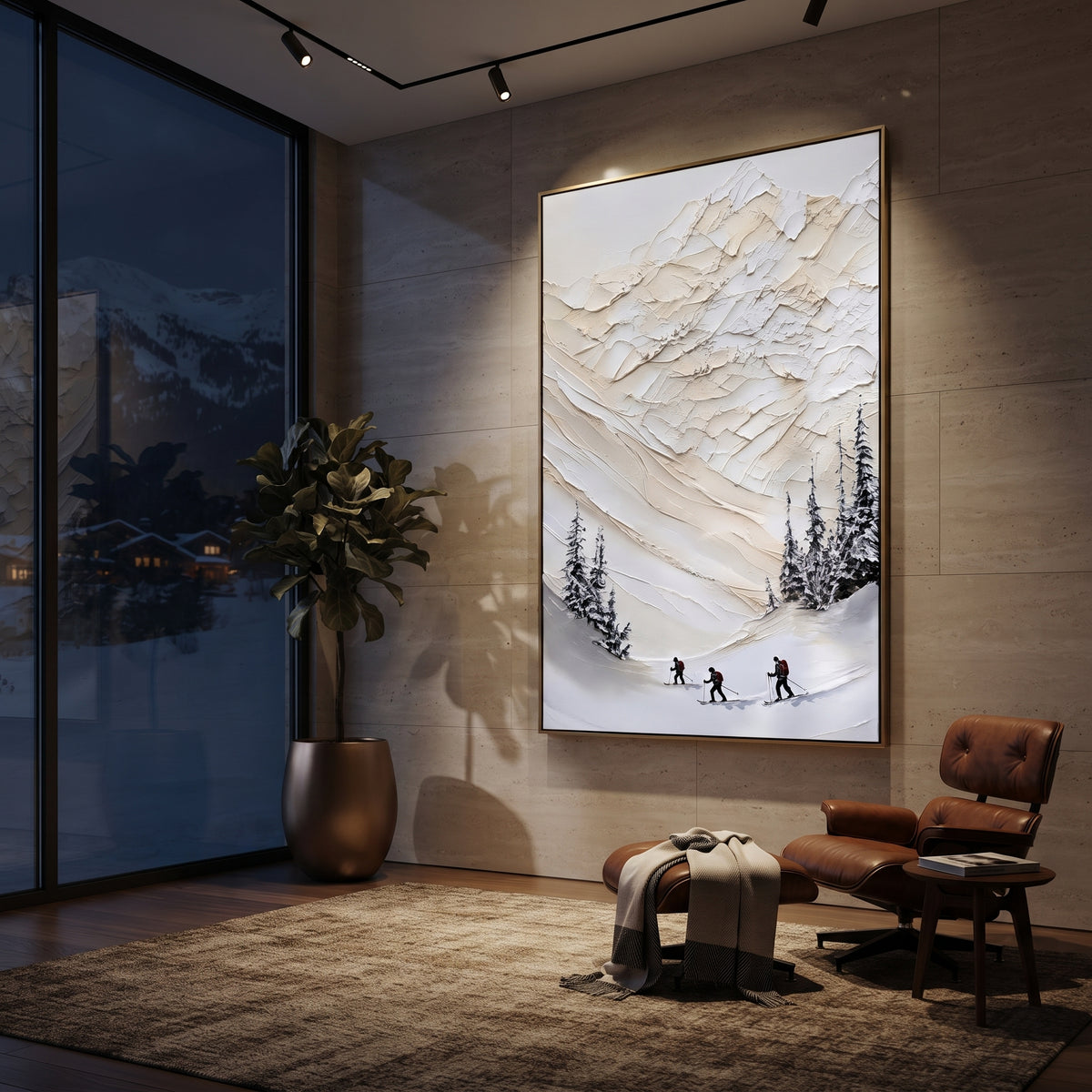 Crisp Texture Run focuses on a calm mountain basin with crisp tracks, snow shelves, and small skiers. The artwork shows a winter ski scene built from the actual image: visible downhill figures, curved snow tracks, raised ridgelines, and alpine space arranged in a tall composition. The blue, white, orange palette gives the piece a cold mountain atmosphere while the thick impasto surface creates shadows along each snowbank, ski line, and textured ridge. This is presented as hand-painted textured