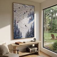 Slope Ridge Skiers focuses on colored skiers crossing raised white snow tracks between dark pine edges. The artwork shows a winter ski scene built from the actual image: visible downhill figures, curved snow tracks, raised ridgelines, and alpine space arranged in a tall composition. The white, blue, gray palette gives the piece a cold mountain atmosphere while the thick impasto surface creates shadows along each snowbank, ski line, and textured ridge. This is presented as hand-painted textured