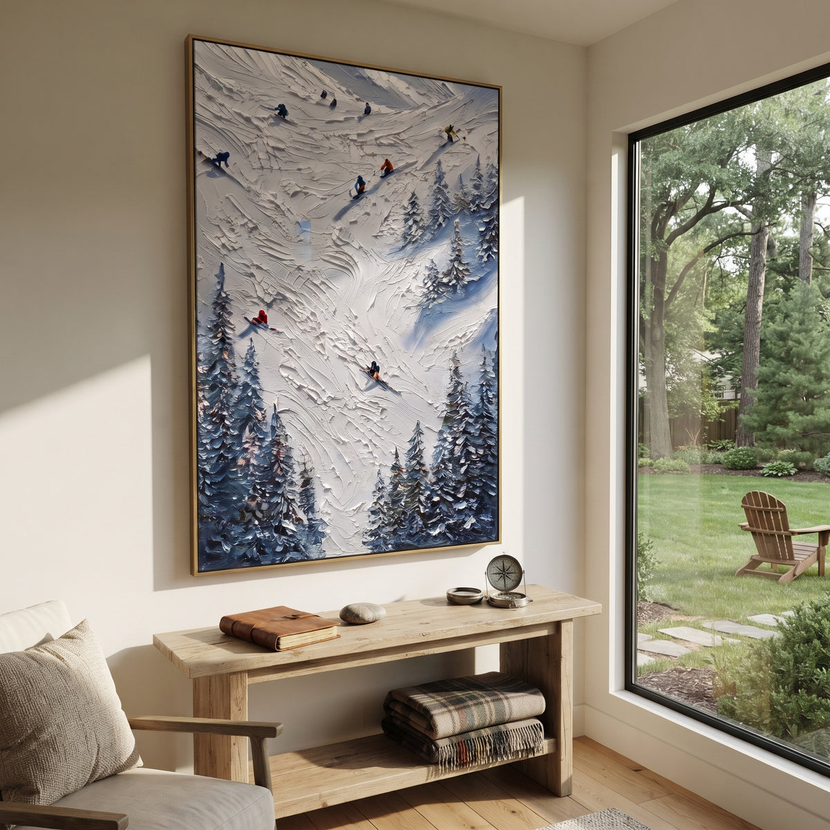 Slope Ridge Skiers focuses on colored skiers crossing raised white snow tracks between dark pine edges. The artwork shows a winter ski scene built from the actual image: visible downhill figures, curved snow tracks, raised ridgelines, and alpine space arranged in a tall composition. The white, blue, gray palette gives the piece a cold mountain atmosphere while the thick impasto surface creates shadows along each snowbank, ski line, and textured ridge. This is presented as hand-painted textured
