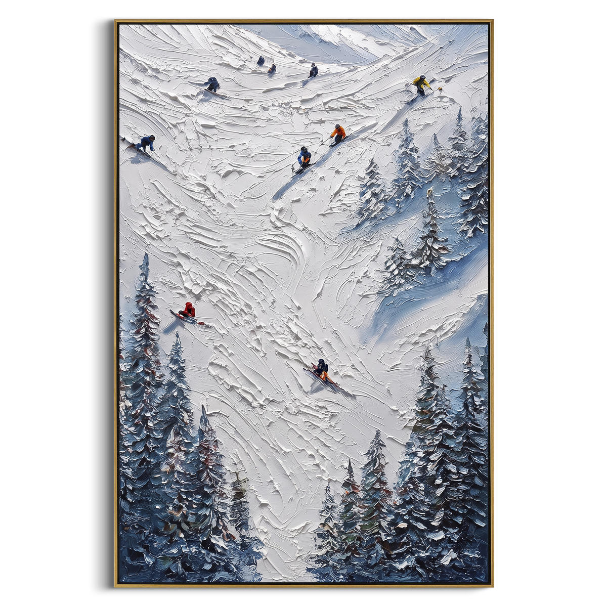 Slope Ridge Skiers focuses on colored skiers crossing raised white snow tracks between dark pine edges. The artwork shows a winter ski scene built from the actual image: visible downhill figures, curved snow tracks, raised ridgelines, and alpine space arranged in a tall composition. The white, blue, gray palette gives the piece a cold mountain atmosphere while the thick impasto surface creates shadows along each snowbank, ski line, and textured ridge. This is presented as hand-painted textured