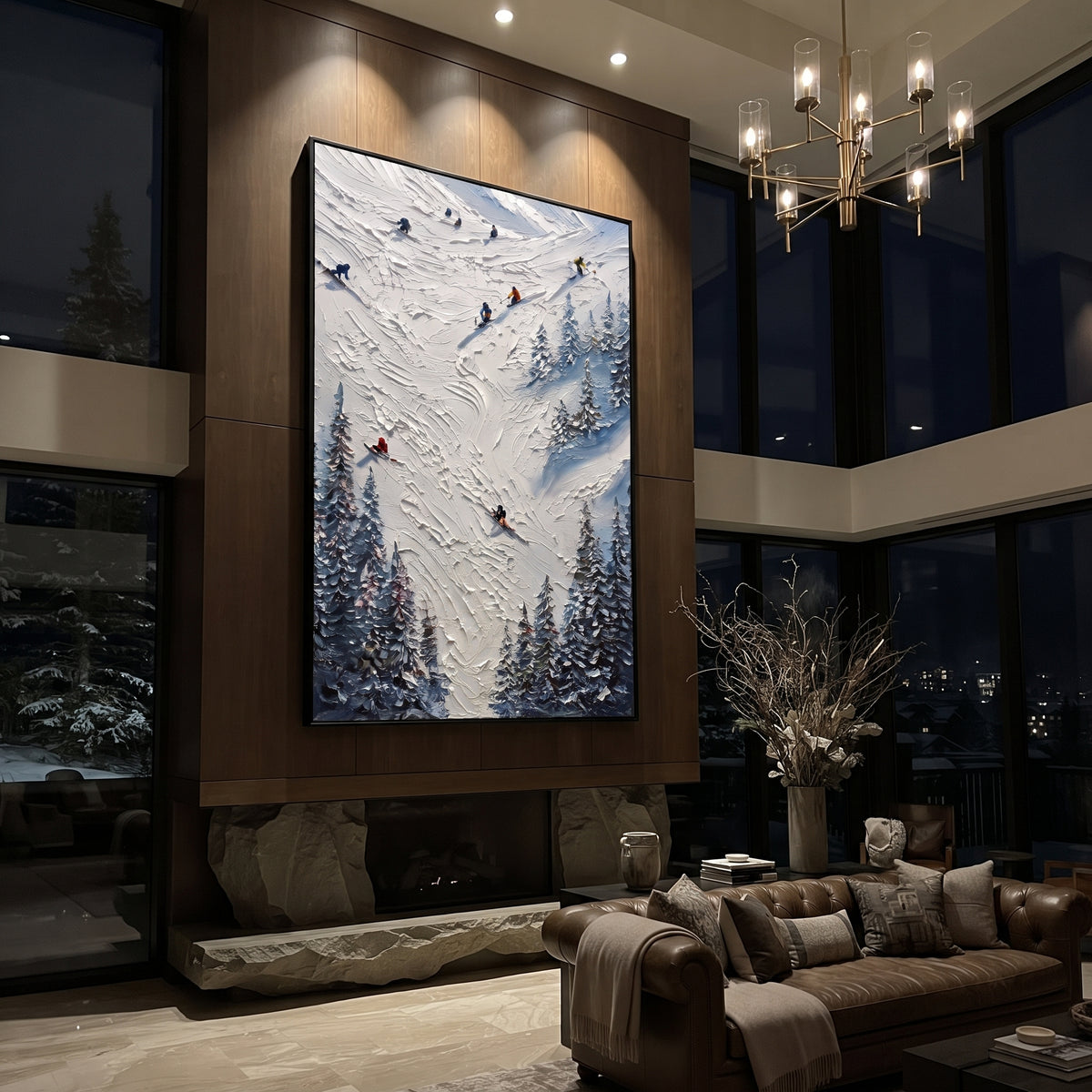 Slope Ridge Skiers focuses on colored skiers crossing raised white snow tracks between dark pine edges. The artwork shows a winter ski scene built from the actual image: visible downhill figures, curved snow tracks, raised ridgelines, and alpine space arranged in a tall composition. The white, blue, gray palette gives the piece a cold mountain atmosphere while the thick impasto surface creates shadows along each snowbank, ski line, and textured ridge. This is presented as hand-painted textured