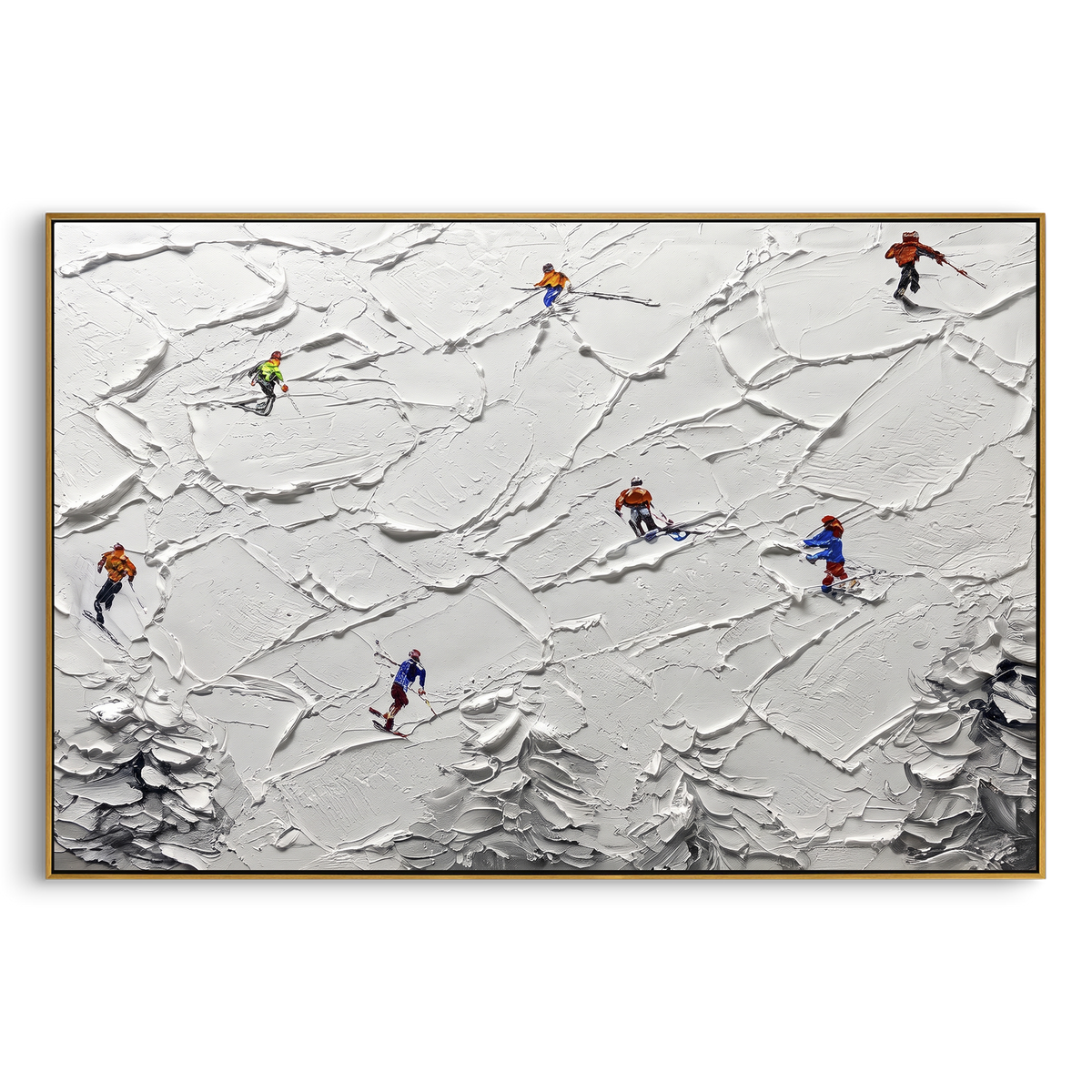 Peak Snow Basin focuses on layered snow ridges, visible ski marks, and a quiet pine border. The artwork shows a winter ski scene built from the actual image: visible downhill figures, curved snow tracks, raised ridgelines, and alpine space arranged in a wide composition. The white, gray, blue palette gives the piece a cold mountain atmosphere while the thick impasto surface creates shadows along each snowbank, ski line, and textured ridge. This is presented as hand-painted textured canvas rather