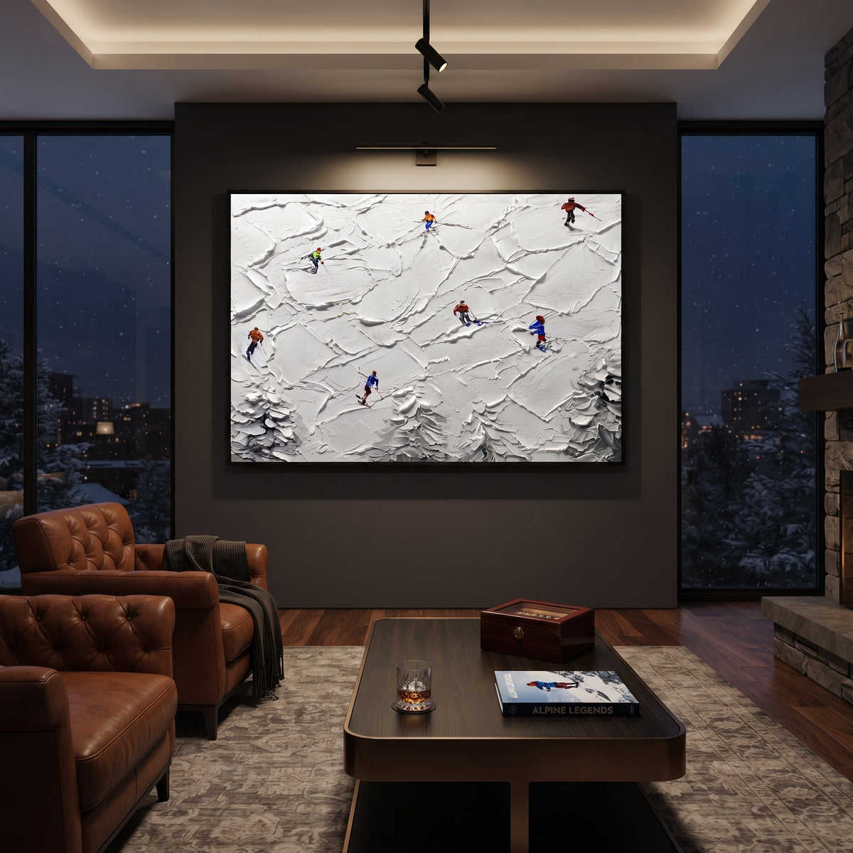 Peak Snow Basin focuses on layered snow ridges, visible ski marks, and a quiet pine border. The artwork shows a winter ski scene built from the actual image: visible downhill figures, curved snow tracks, raised ridgelines, and alpine space arranged in a wide composition. The white, gray, blue palette gives the piece a cold mountain atmosphere while the thick impasto surface creates shadows along each snowbank, ski line, and textured ridge. This is presented as hand-painted textured canvas rather