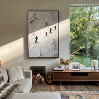 Trail Snow Corridors With Pine Shadows focuses on a forest-framed ski descent with clustered pines and winding carved tracks. The artwork shows a winter ski scene built from the actual image: visible downhill figures, curved snow tracks, raised ridgelines, and alpine space arranged in a tall composition. The white, green, blue palette gives the piece a cold mountain atmosphere while the thick impasto surface creates shadows along each snowbank, ski line, and textured ridge. This is presented as