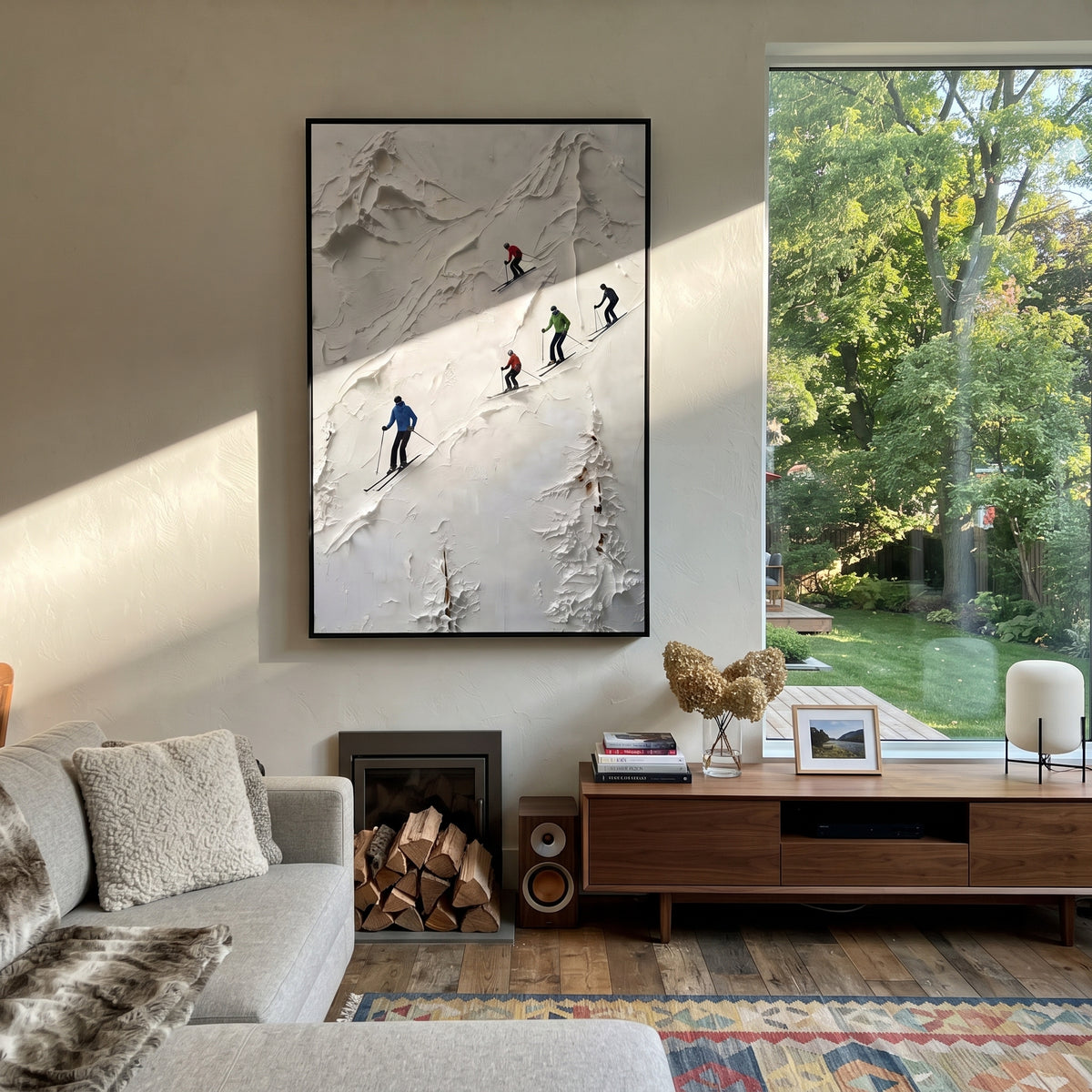 Trail Snow Corridors With Pine Shadows focuses on a forest-framed ski descent with clustered pines and winding carved tracks. The artwork shows a winter ski scene built from the actual image: visible downhill figures, curved snow tracks, raised ridgelines, and alpine space arranged in a tall composition. The white, green, blue palette gives the piece a cold mountain atmosphere while the thick impasto surface creates shadows along each snowbank, ski line, and textured ridge. This is presented as