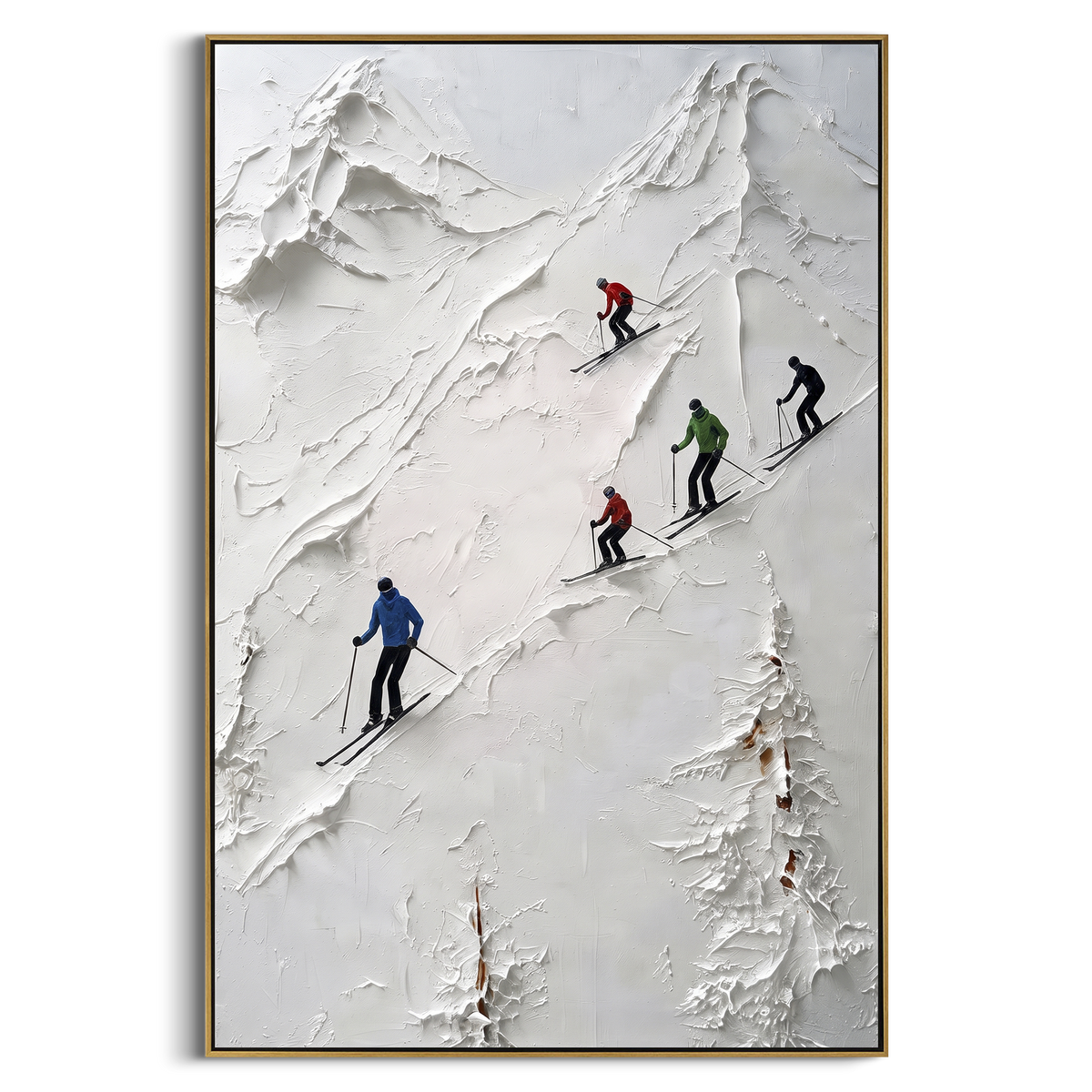 Trail Snow Corridors With Pine Shadows focuses on a forest-framed ski descent with clustered pines and winding carved tracks. The artwork shows a winter ski scene built from the actual image: visible downhill figures, curved snow tracks, raised ridgelines, and alpine space arranged in a tall composition. The white, green, blue palette gives the piece a cold mountain atmosphere while the thick impasto surface creates shadows along each snowbank, ski line, and textured ridge. This is presented as