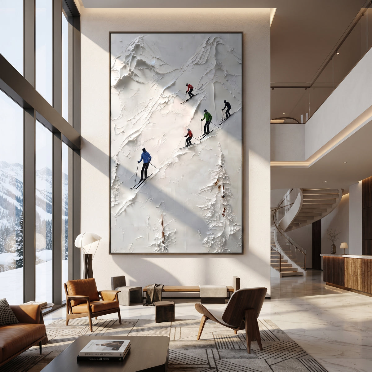 Trail Snow Corridors With Pine Shadows focuses on a forest-framed ski descent with clustered pines and winding carved tracks. The artwork shows a winter ski scene built from the actual image: visible downhill figures, curved snow tracks, raised ridgelines, and alpine space arranged in a tall composition. The white, green, blue palette gives the piece a cold mountain atmosphere while the thick impasto surface creates shadows along each snowbank, ski line, and textured ridge. This is presented as