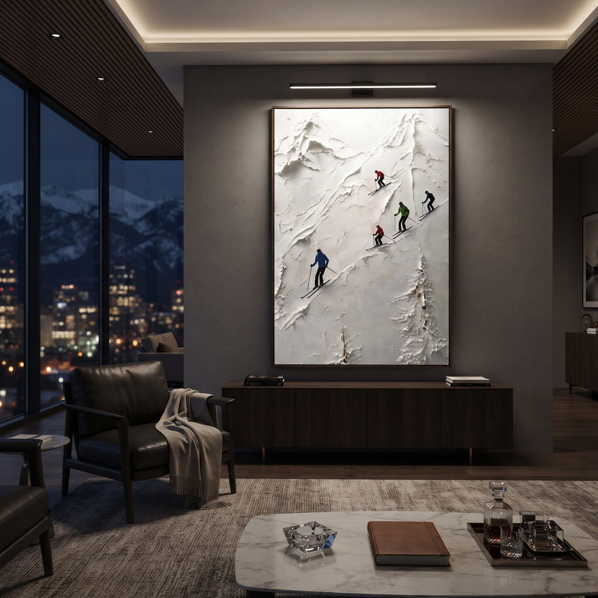 Trail Snow Corridors With Pine Shadows focuses on a forest-framed ski descent with clustered pines and winding carved tracks. The artwork shows a winter ski scene built from the actual image: visible downhill figures, curved snow tracks, raised ridgelines, and alpine space arranged in a tall composition. The white, green, blue palette gives the piece a cold mountain atmosphere while the thick impasto surface creates shadows along each snowbank, ski line, and textured ridge. This is presented as