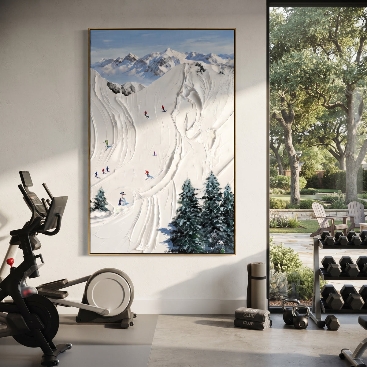 Liftline Snow Trail focuses on a calm mountain basin with crisp tracks, snow shelves, and small skiers. The artwork shows a winter ski scene built from the actual image: visible downhill figures, curved snow tracks, raised ridgelines, and alpine space arranged in a tall composition. The white, black, gray palette gives the piece a cold mountain atmosphere while the thick impasto surface creates shadows along each snowbank, ski line, and textured ridge. This is presented as hand-painted textured