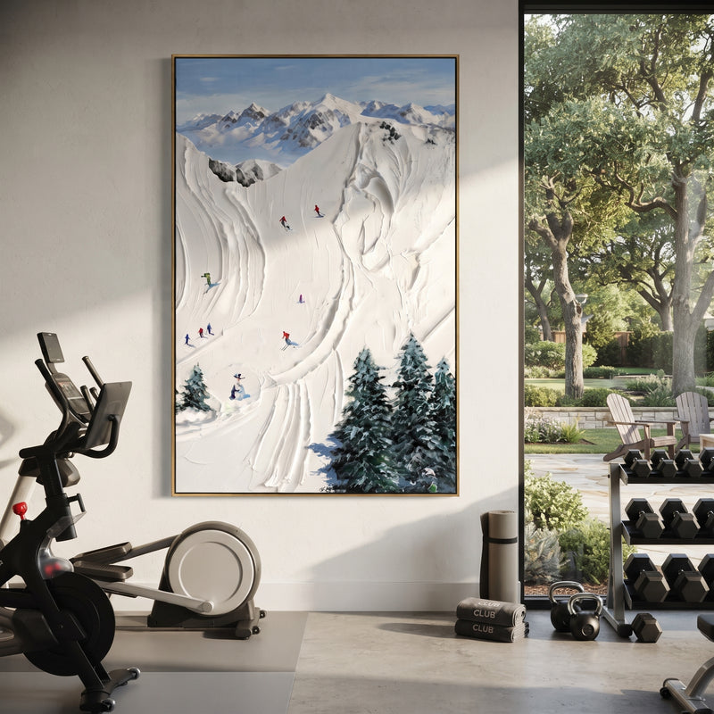 "Liftline Snow Trail" - Modern Heavy Impasto Landscape Artwork | White & Black Palette Knife Painting | Luxury Vertical Wall Art #PT 2457