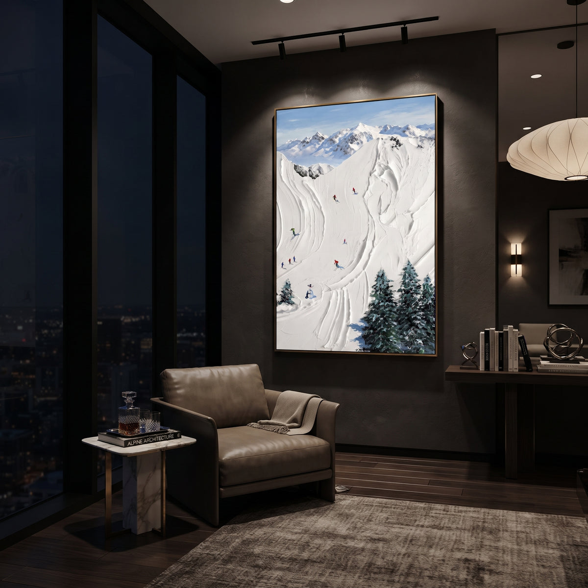 Liftline Snow Trail focuses on a calm mountain basin with crisp tracks, snow shelves, and small skiers. The artwork shows a winter ski scene built from the actual image: visible downhill figures, curved snow tracks, raised ridgelines, and alpine space arranged in a tall composition. The white, black, gray palette gives the piece a cold mountain atmosphere while the thick impasto surface creates shadows along each snowbank, ski line, and textured ridge. This is presented as hand-painted textured