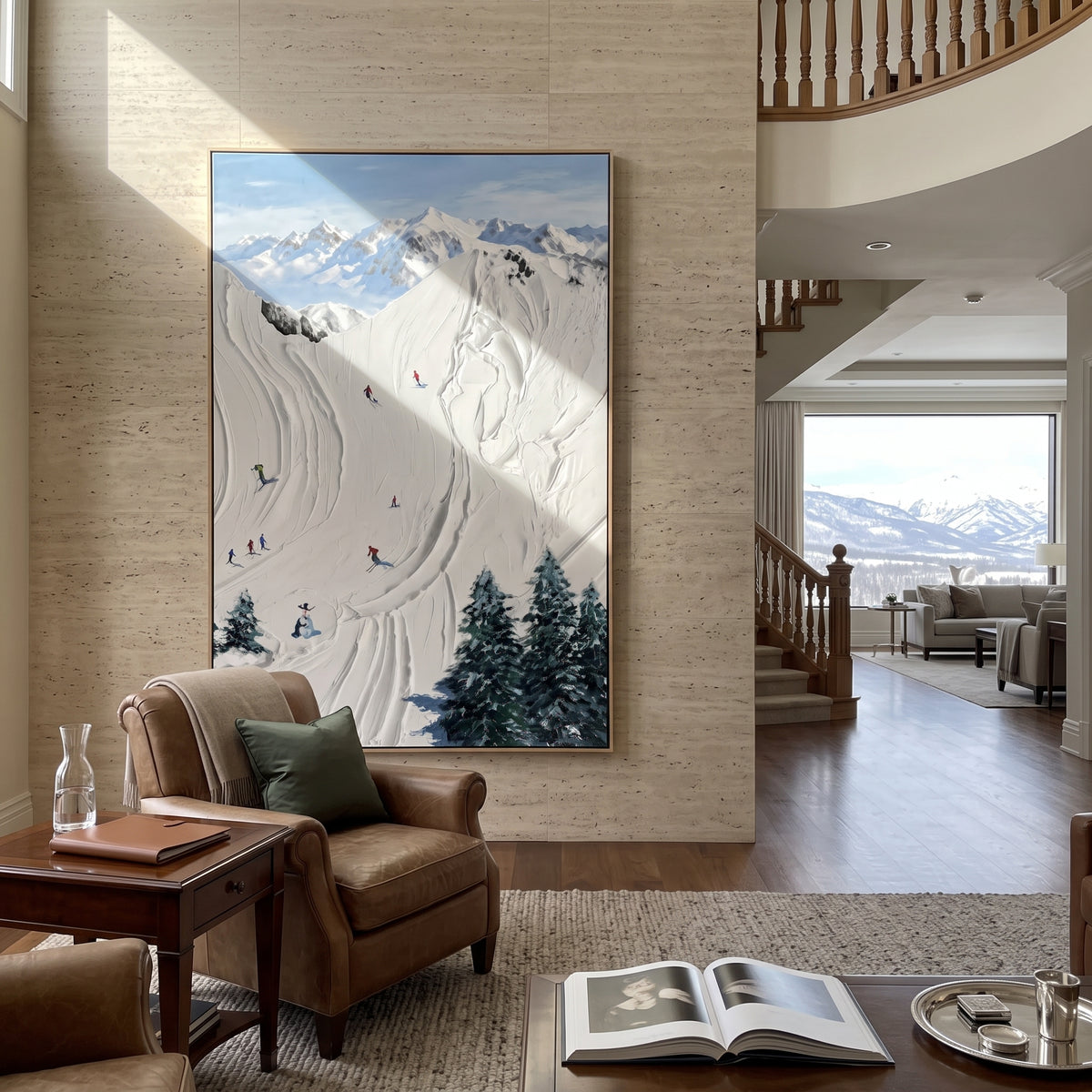Liftline Snow Trail focuses on a calm mountain basin with crisp tracks, snow shelves, and small skiers. The artwork shows a winter ski scene built from the actual image: visible downhill figures, curved snow tracks, raised ridgelines, and alpine space arranged in a tall composition. The white, black, gray palette gives the piece a cold mountain atmosphere while the thick impasto surface creates shadows along each snowbank, ski line, and textured ridge. This is presented as hand-painted textured