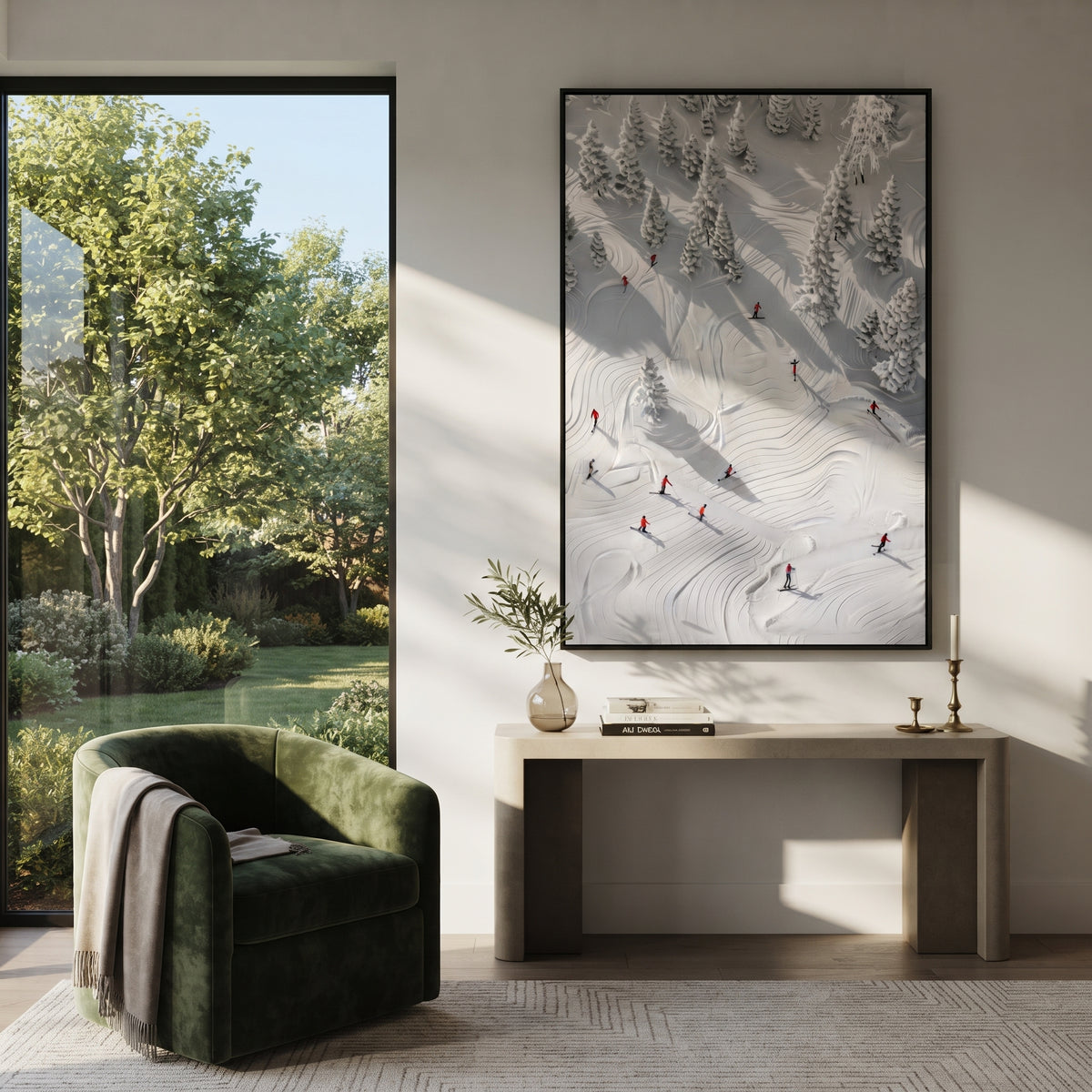 Downhill Slalom Field focuses on colored skiers crossing raised white snow tracks between dark pine edges. The artwork shows a winter ski scene built from the actual image: visible downhill figures, curved snow tracks, raised ridgelines, and alpine space arranged in a tall composition. The white, beige, blue palette gives the piece a cold mountain atmosphere while the thick impasto surface creates shadows along each snowbank, ski line, and textured ridge. This is presented as hand-painted