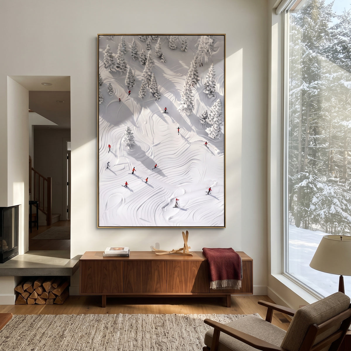 Downhill Slalom Field focuses on colored skiers crossing raised white snow tracks between dark pine edges. The artwork shows a winter ski scene built from the actual image: visible downhill figures, curved snow tracks, raised ridgelines, and alpine space arranged in a tall composition. The white, beige, blue palette gives the piece a cold mountain atmosphere while the thick impasto surface creates shadows along each snowbank, ski line, and textured ridge. This is presented as hand-painted