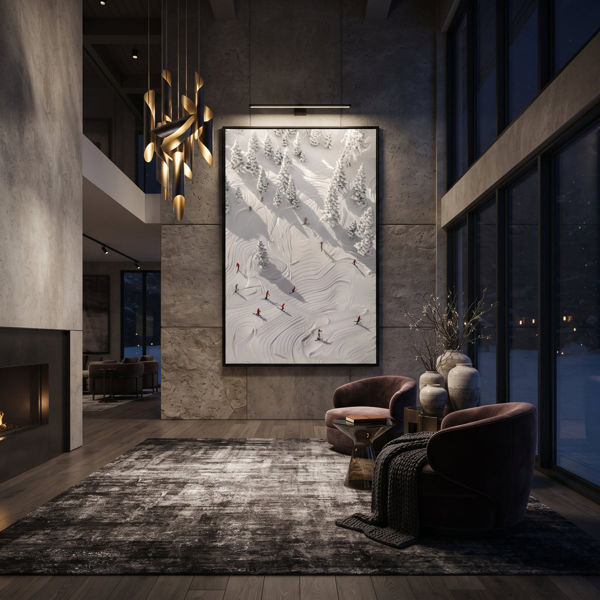 Downhill Slalom Field focuses on colored skiers crossing raised white snow tracks between dark pine edges. The artwork shows a winter ski scene built from the actual image: visible downhill figures, curved snow tracks, raised ridgelines, and alpine space arranged in a tall composition. The white, beige, blue palette gives the piece a cold mountain atmosphere while the thick impasto surface creates shadows along each snowbank, ski line, and textured ridge. This is presented as hand-painted