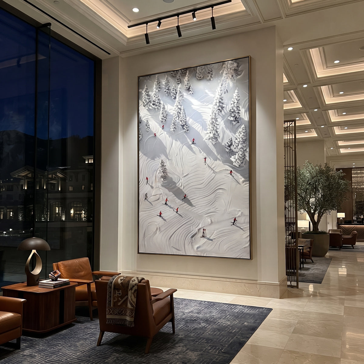Downhill Slalom Field focuses on colored skiers crossing raised white snow tracks between dark pine edges. The artwork shows a winter ski scene built from the actual image: visible downhill figures, curved snow tracks, raised ridgelines, and alpine space arranged in a tall composition. The white, beige, blue palette gives the piece a cold mountain atmosphere while the thick impasto surface creates shadows along each snowbank, ski line, and textured ridge. This is presented as hand-painted