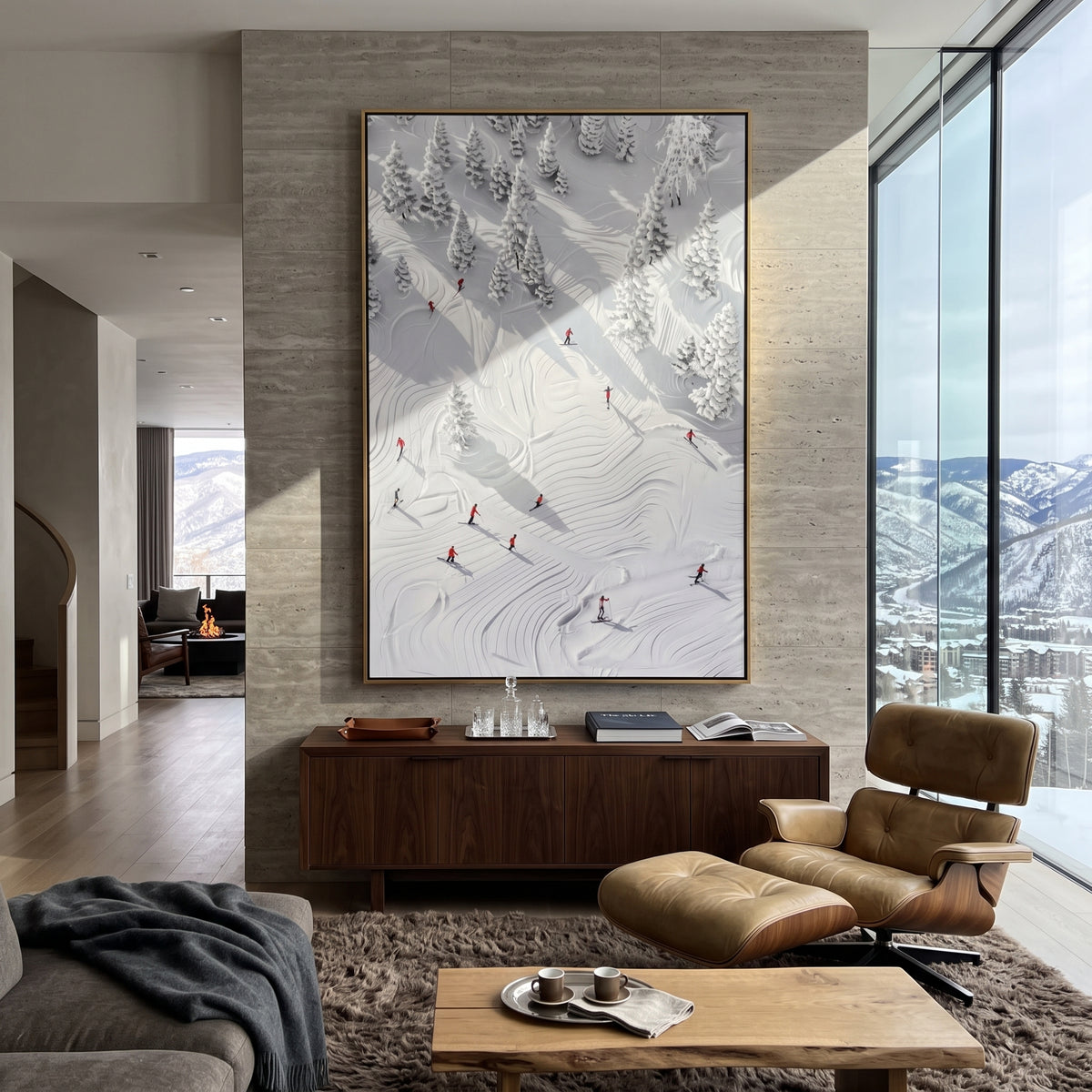 Downhill Slalom Field focuses on colored skiers crossing raised white snow tracks between dark pine edges. The artwork shows a winter ski scene built from the actual image: visible downhill figures, curved snow tracks, raised ridgelines, and alpine space arranged in a tall composition. The white, beige, blue palette gives the piece a cold mountain atmosphere while the thick impasto surface creates shadows along each snowbank, ski line, and textured ridge. This is presented as hand-painted