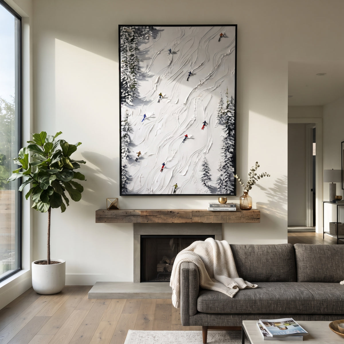 Fresh Ski Traverse focuses on layered snow ridges, visible ski marks, and a quiet pine border. The artwork shows a winter ski scene built from the actual image: visible downhill figures, curved snow tracks, raised ridgelines, and alpine space arranged in a tall composition. The blue, white, orange palette gives the piece a cold mountain atmosphere while the thick impasto surface creates shadows along each snowbank, ski line, and textured ridge. This is presented as hand-painted textured canvas