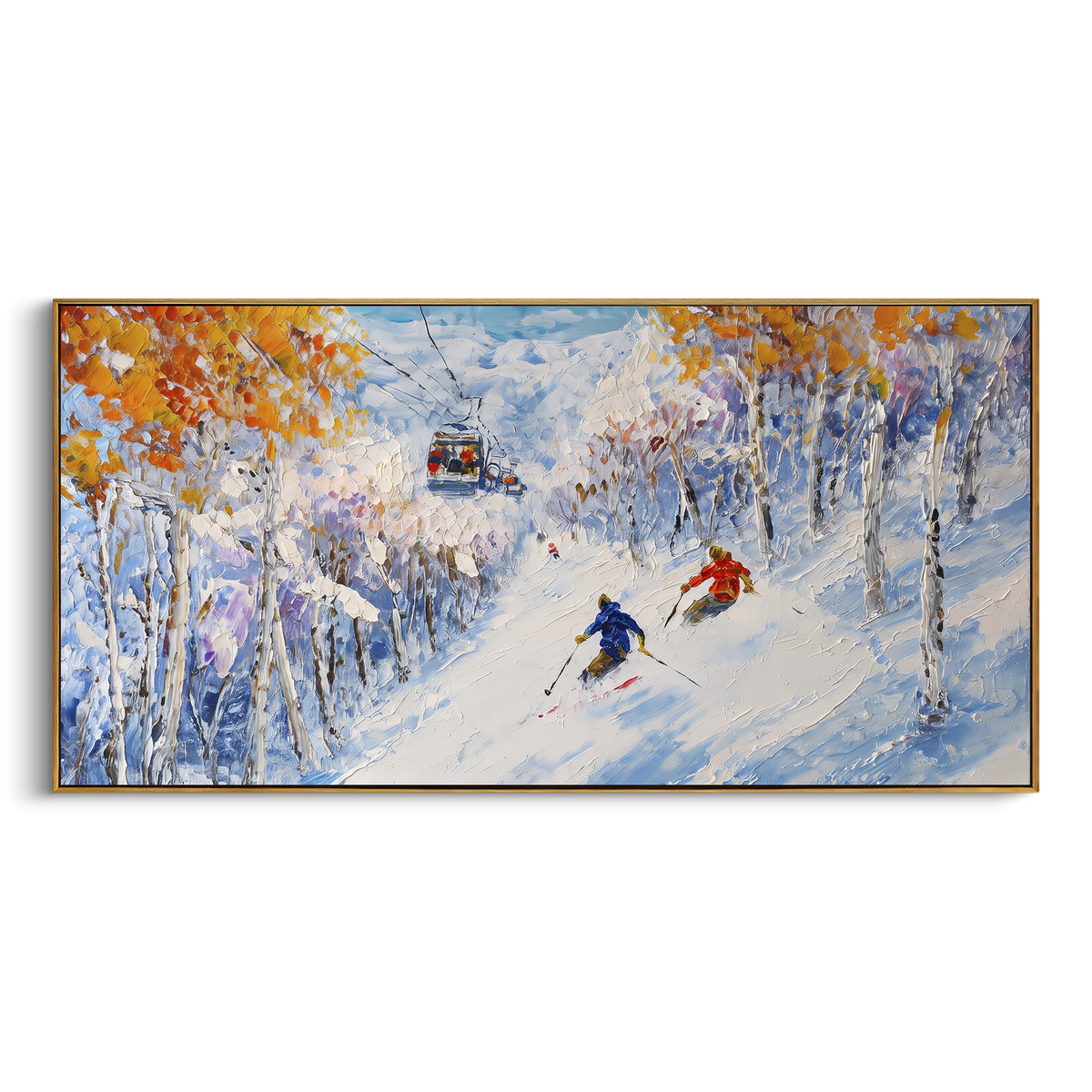 "Golden Birch Ski Run" - Modern Heavy Impasto Landscape Artwork | Yellow & Blue Palette Knife Painting | Luxury Horizontal Wall Art #PT 2460