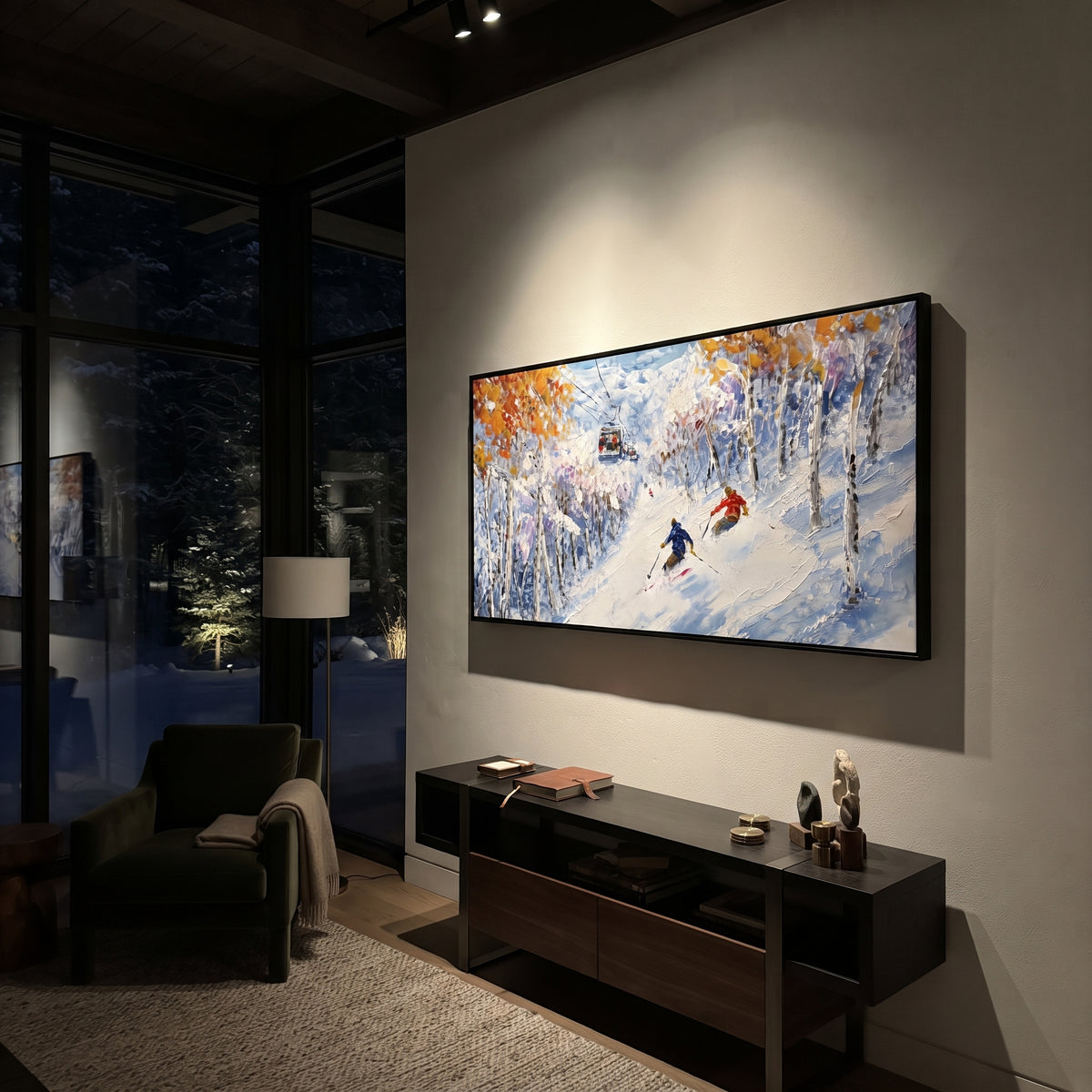 Golden Birch Ski Run focuses on two bright skiers cutting through yellowen birch trees in a snowy corridor. The artwork shows a winter ski scene built from the actual image: visible downhill figures, curved snow tracks, raised ridgelines, and alpine space arranged in a wide composition. The yellow, blue, white palette gives the piece a cold mountain atmosphere while the thick impasto surface creates shadows along each snowbank, ski line, and textured ridge. This is presented as hand-painted