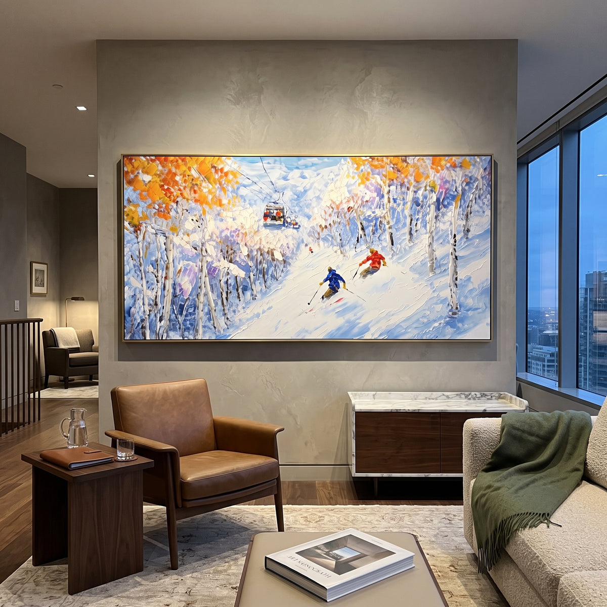 Golden Birch Ski Run focuses on two bright skiers cutting through yellowen birch trees in a snowy corridor. The artwork shows a winter ski scene built from the actual image: visible downhill figures, curved snow tracks, raised ridgelines, and alpine space arranged in a wide composition. The yellow, blue, white palette gives the piece a cold mountain atmosphere while the thick impasto surface creates shadows along each snowbank, ski line, and textured ridge. This is presented as hand-painted