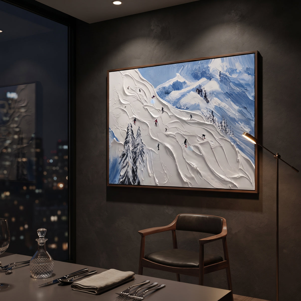 Resort Mountain Run focuses on a calm mountain basin with crisp tracks, snow shelves, and small skiers. The artwork shows a winter ski scene built from the actual image: visible downhill figures, curved snow tracks, raised ridgelines, and alpine space arranged in a wide composition. The white, gray, blue palette gives the piece a cold mountain atmosphere while the thick impasto surface creates shadows along each snowbank, ski line, and textured ridge. This is presented as hand-painted textured