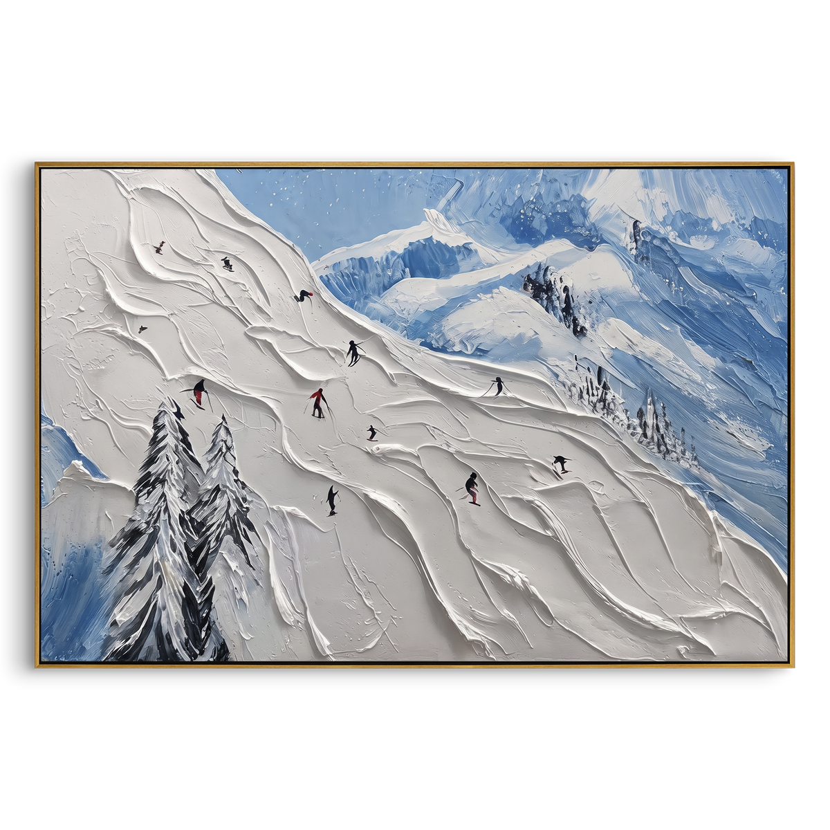 Resort Mountain Run focuses on a calm mountain basin with crisp tracks, snow shelves, and small skiers. The artwork shows a winter ski scene built from the actual image: visible downhill figures, curved snow tracks, raised ridgelines, and alpine space arranged in a wide composition. The white, gray, blue palette gives the piece a cold mountain atmosphere while the thick impasto surface creates shadows along each snowbank, ski line, and textured ridge. This is presented as hand-painted textured