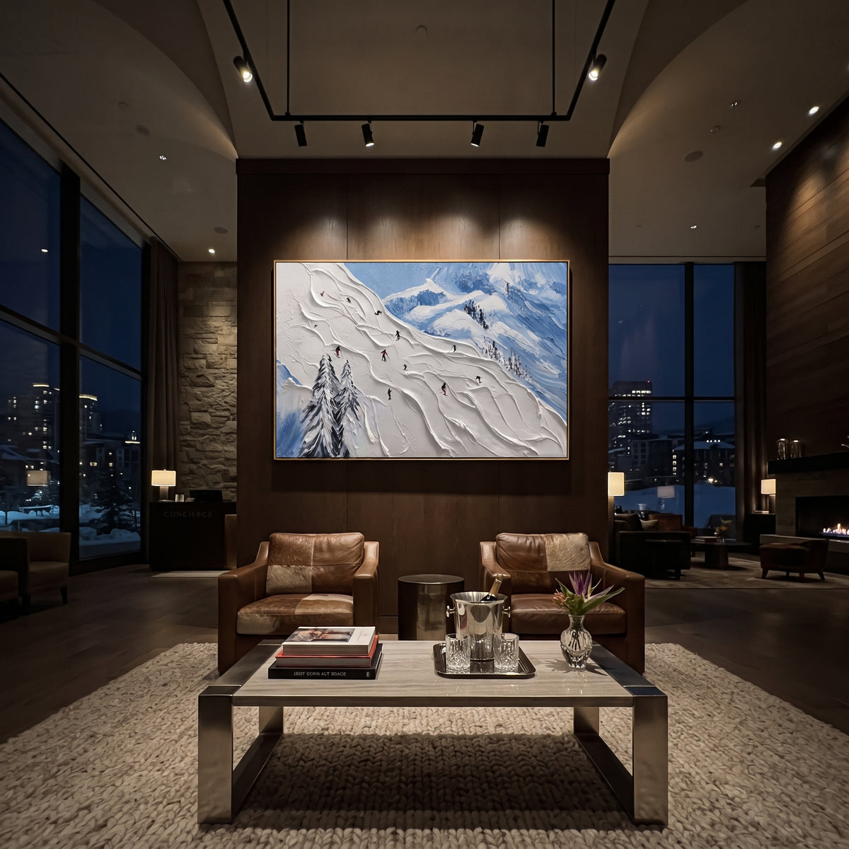 Resort Mountain Run focuses on a calm mountain basin with crisp tracks, snow shelves, and small skiers. The artwork shows a winter ski scene built from the actual image: visible downhill figures, curved snow tracks, raised ridgelines, and alpine space arranged in a wide composition. The white, gray, blue palette gives the piece a cold mountain atmosphere while the thick impasto surface creates shadows along each snowbank, ski line, and textured ridge. This is presented as hand-painted textured