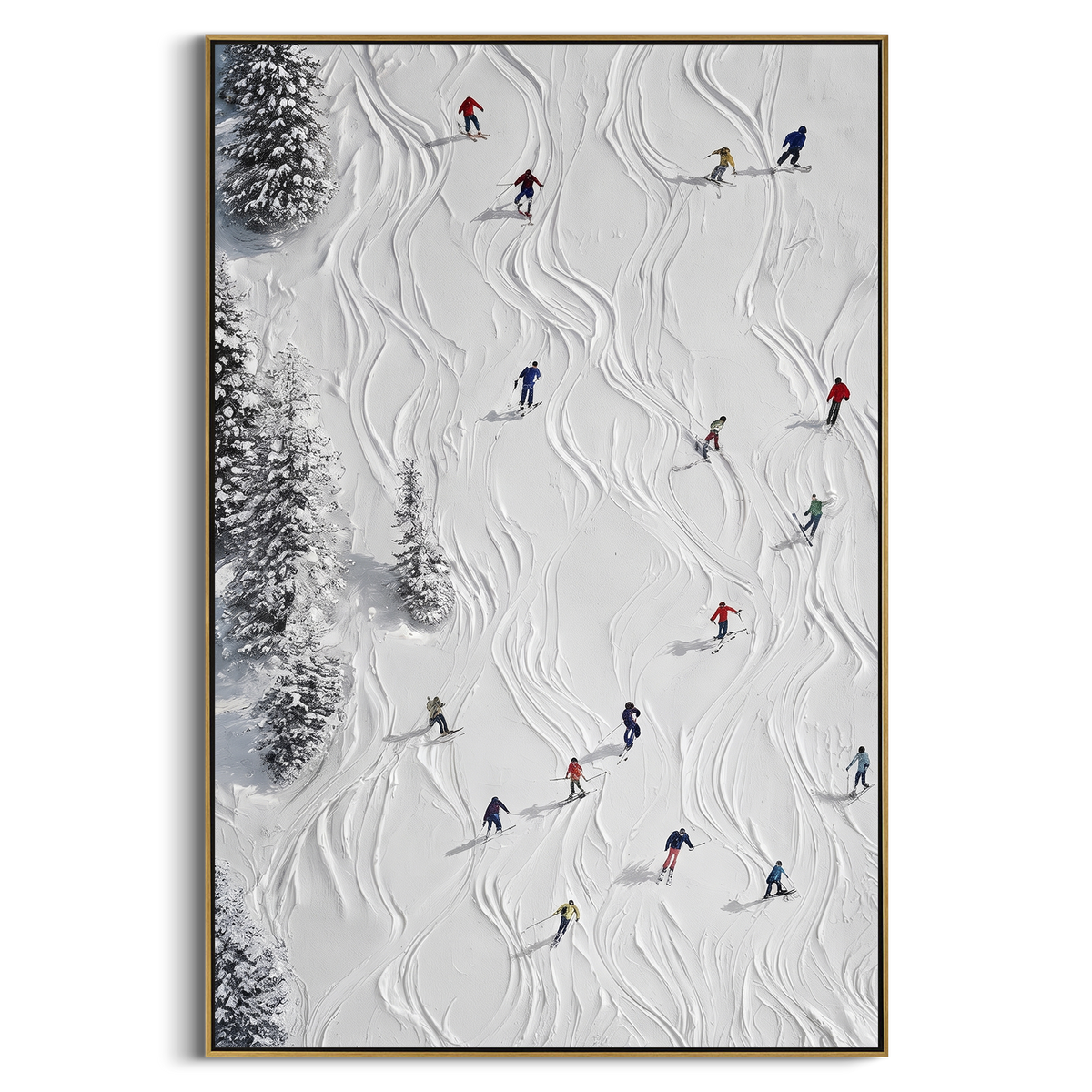 "Forest Skiers" - Modern Heavy Impasto Landscape Artwork | White & Green Palette Knife Painting | Luxury Vertical Wall Art #PT 2463